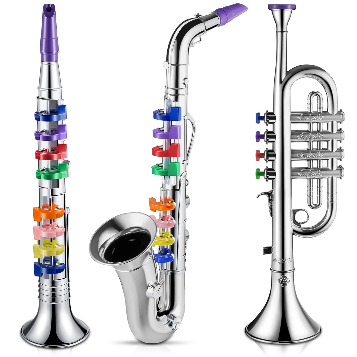 Lewtemi Set of 3 Kids Musical Instruments — Saxophone, Clarinet & Trumpet with Color-Coded Keys (Silver)