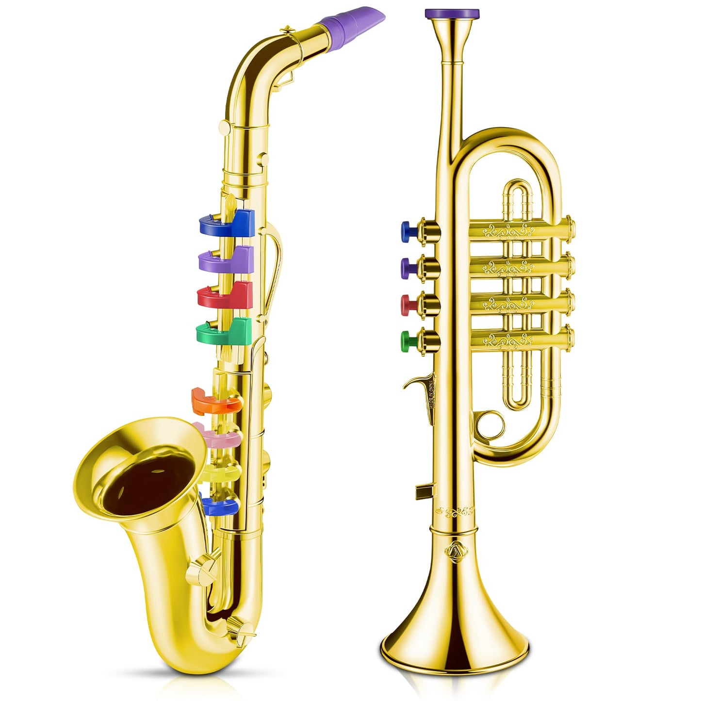 Lewtemi Set of 2 Musical Instruments – Toy Saxophone & Toy Trumpet, Educational Plastic Toys, Gold with Color Keys