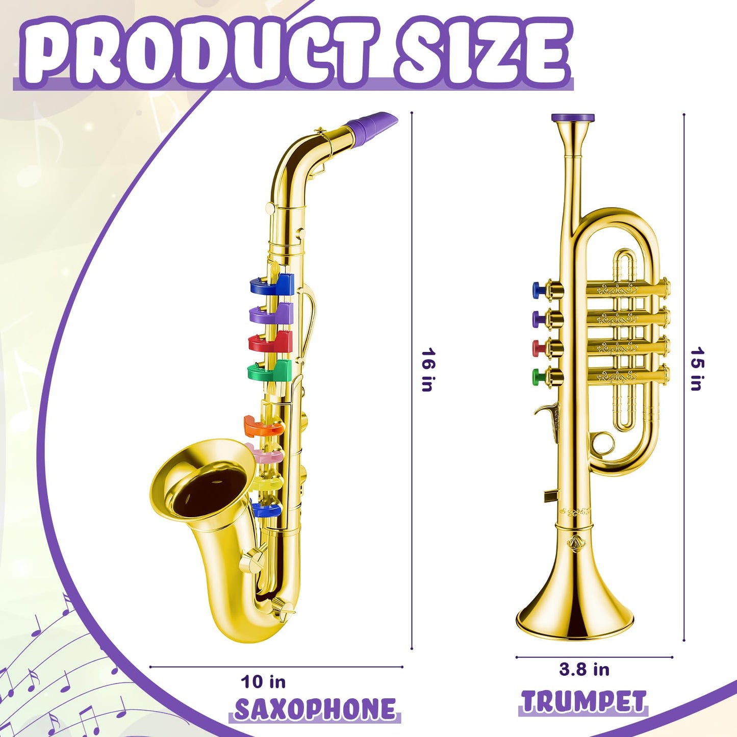 Lewtemi Set of 2 Musical Instruments – Toy Saxophone & Toy Trumpet, Educational Plastic Toys, Gold with Color Keys