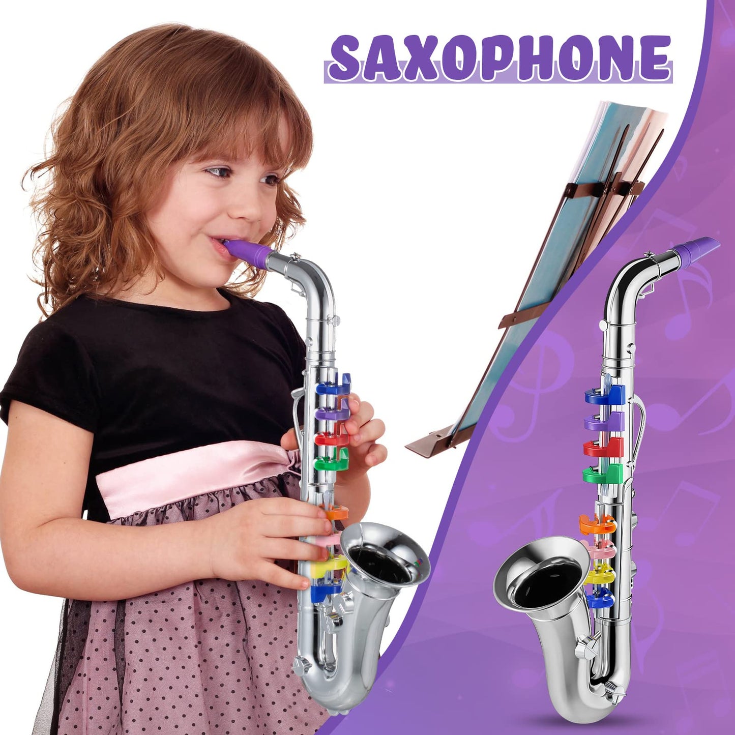 Lewtemi Set of 3 Kids Musical Instruments — Saxophone, Clarinet & Trumpet with Color-Coded Keys (Silver)