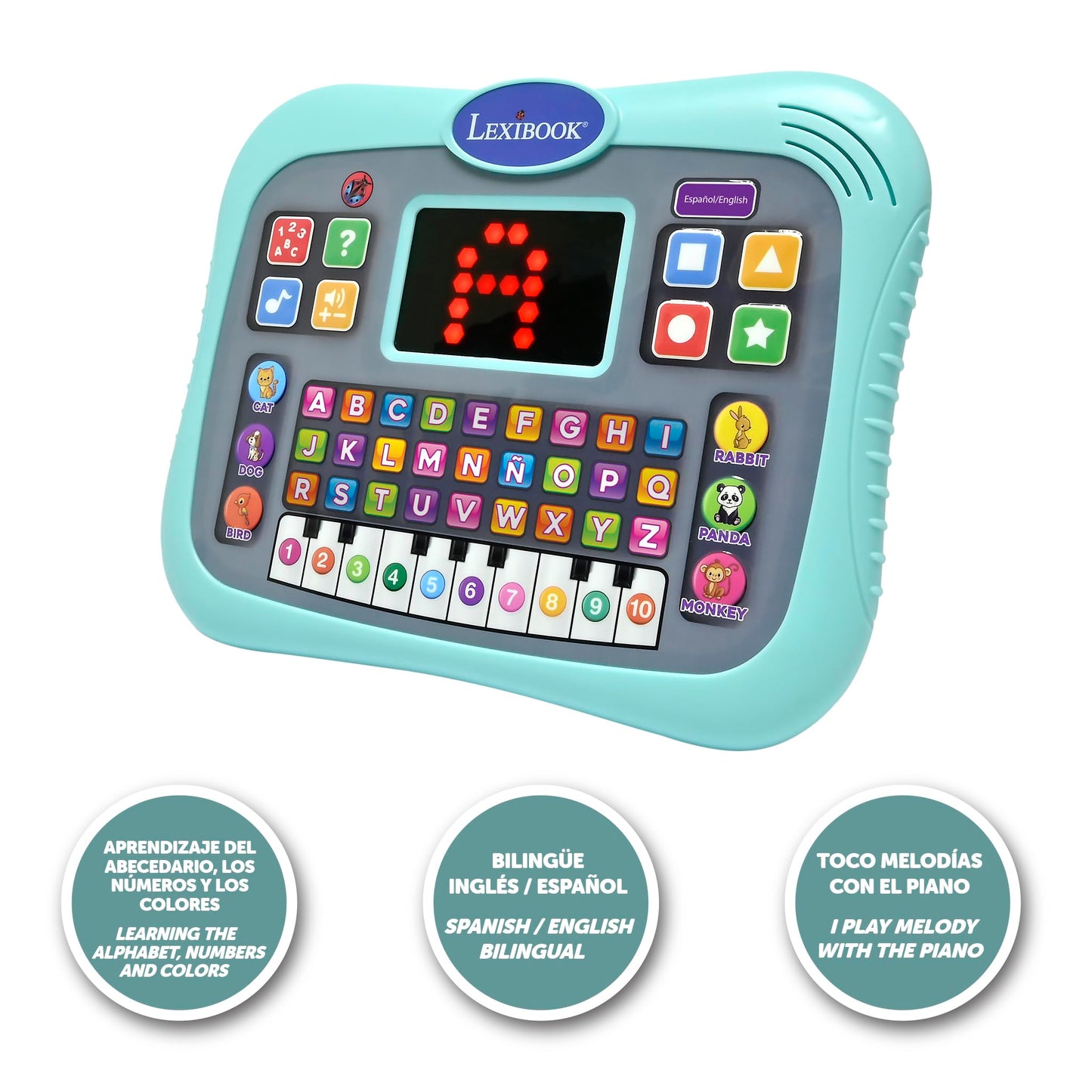 Lexibook Educational Tablet - Bilingual English/Spanish Learning, Alphabet, Numbers, Animals, Piano & Quiz