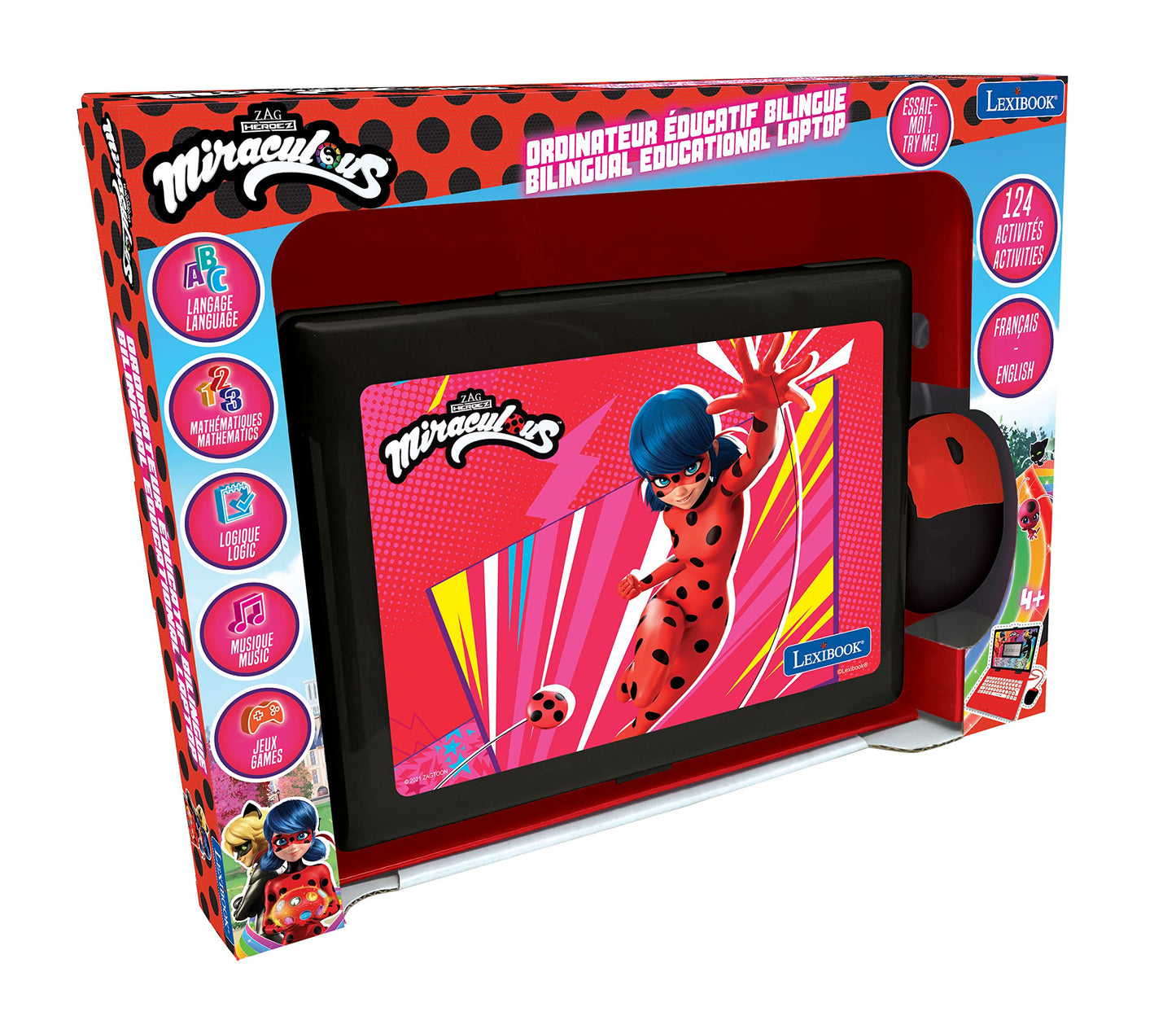 LEXiBOOK Miraculous: Educational Bilingual Laptop for Kids – English/Spanish with 124 Activities