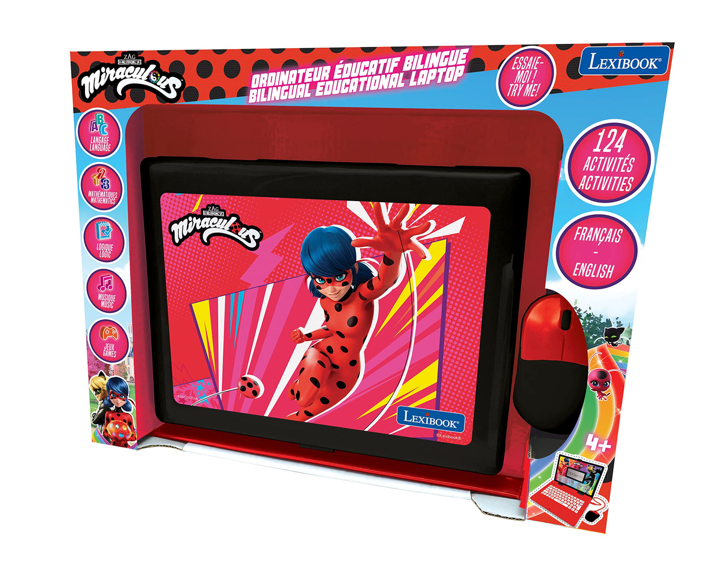 LEXiBOOK Miraculous: Educational Bilingual Laptop for Kids – English/Spanish with 124 Activities