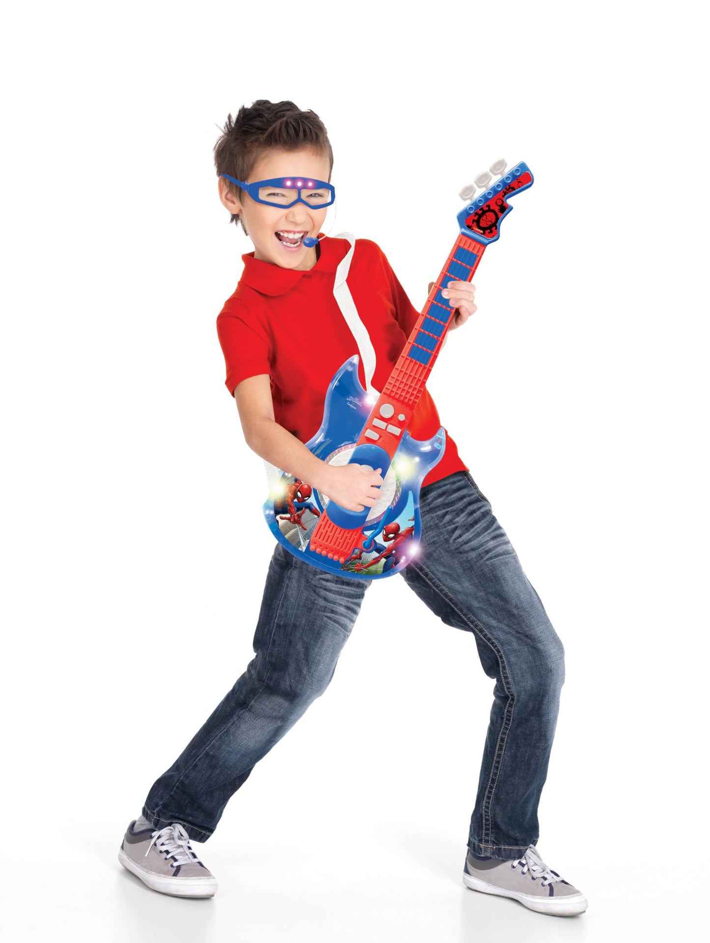 LEXiBOOK Spider-Man Light-Up Guitar with Microphone – 2 Game Modes & MP3 Input (Blue/Red)
