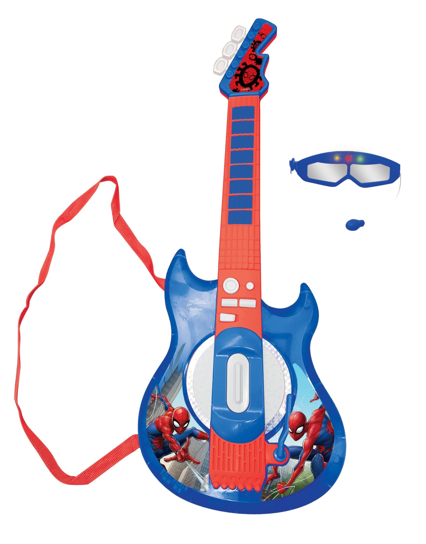 LEXiBOOK Spider-Man Light-Up Guitar with Microphone – 2 Game Modes & MP3 Input (Blue/Red)
