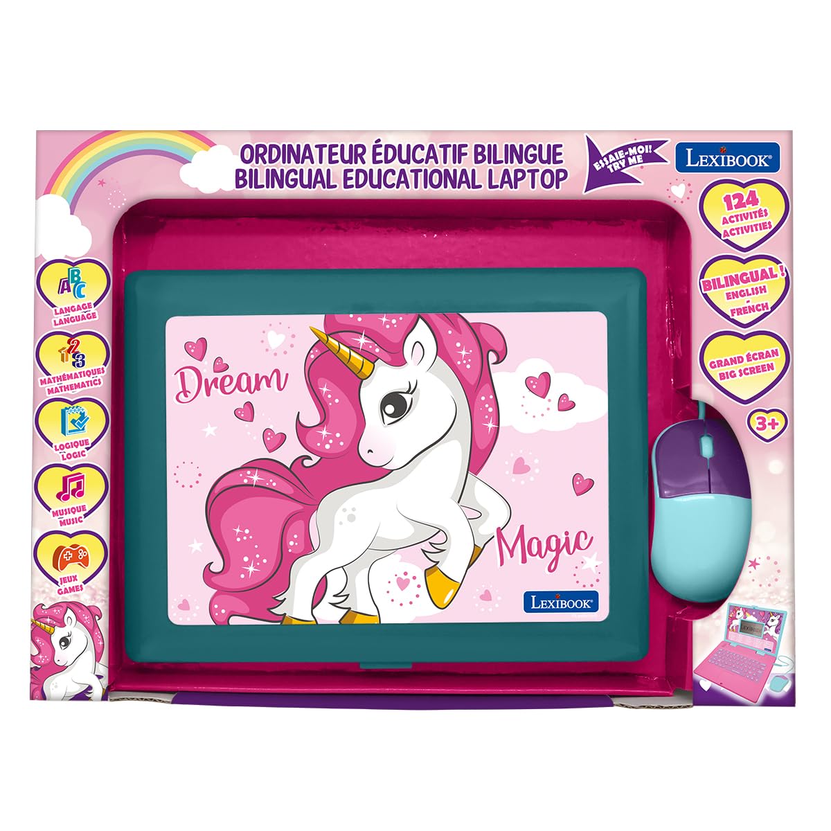 LEXiBOOK Unicorn Educational Laptop | Bilingual Spanish/English, 124 Activities