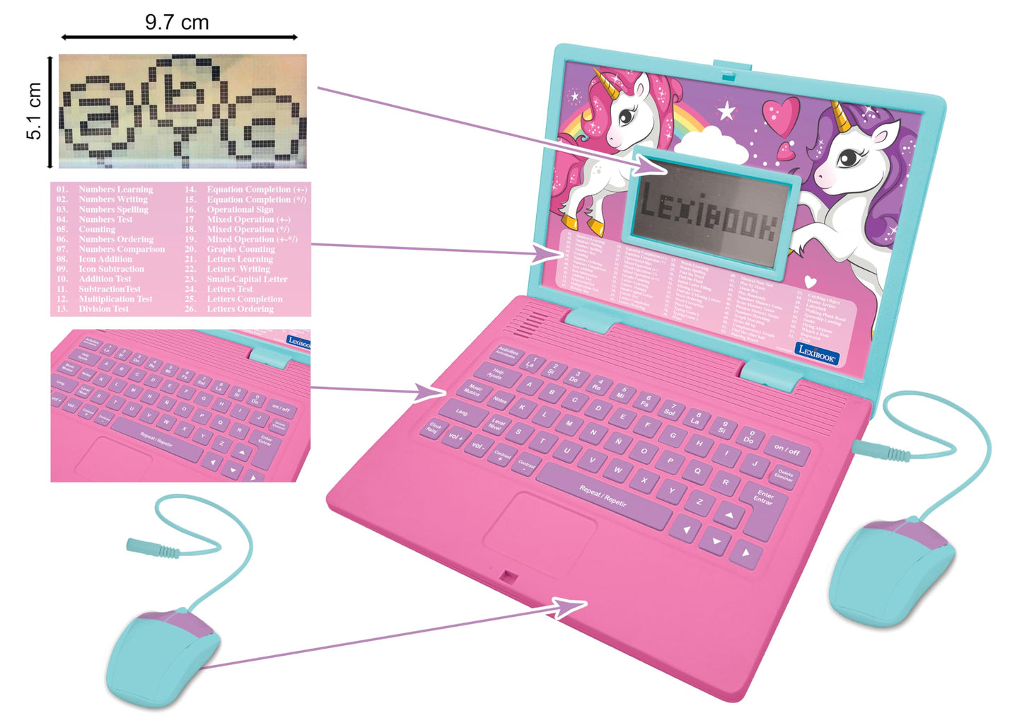 LEXiBOOK Unicorn Educational Laptop | Bilingual Spanish/English, 124 Activities