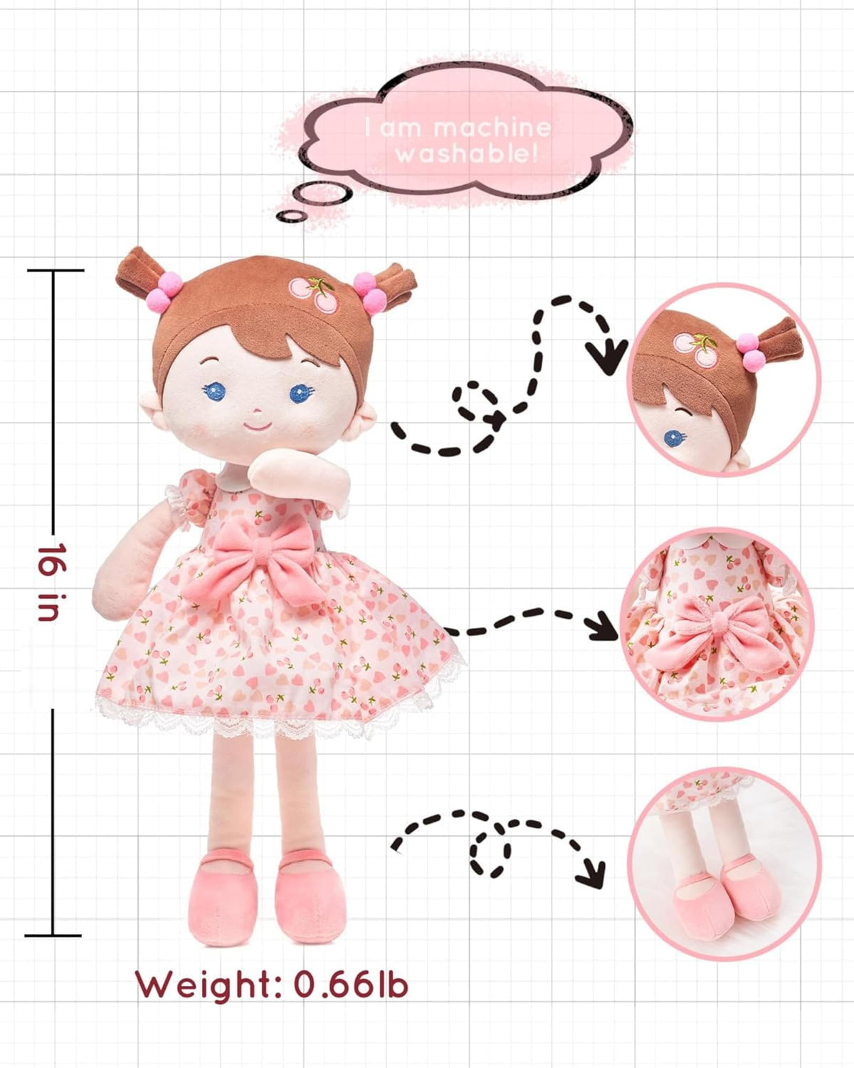 LeyaDoll Soft Baby Doll Toys (16-inch) – My First Rag Doll for 1 Year-Old Girls (Cherry)