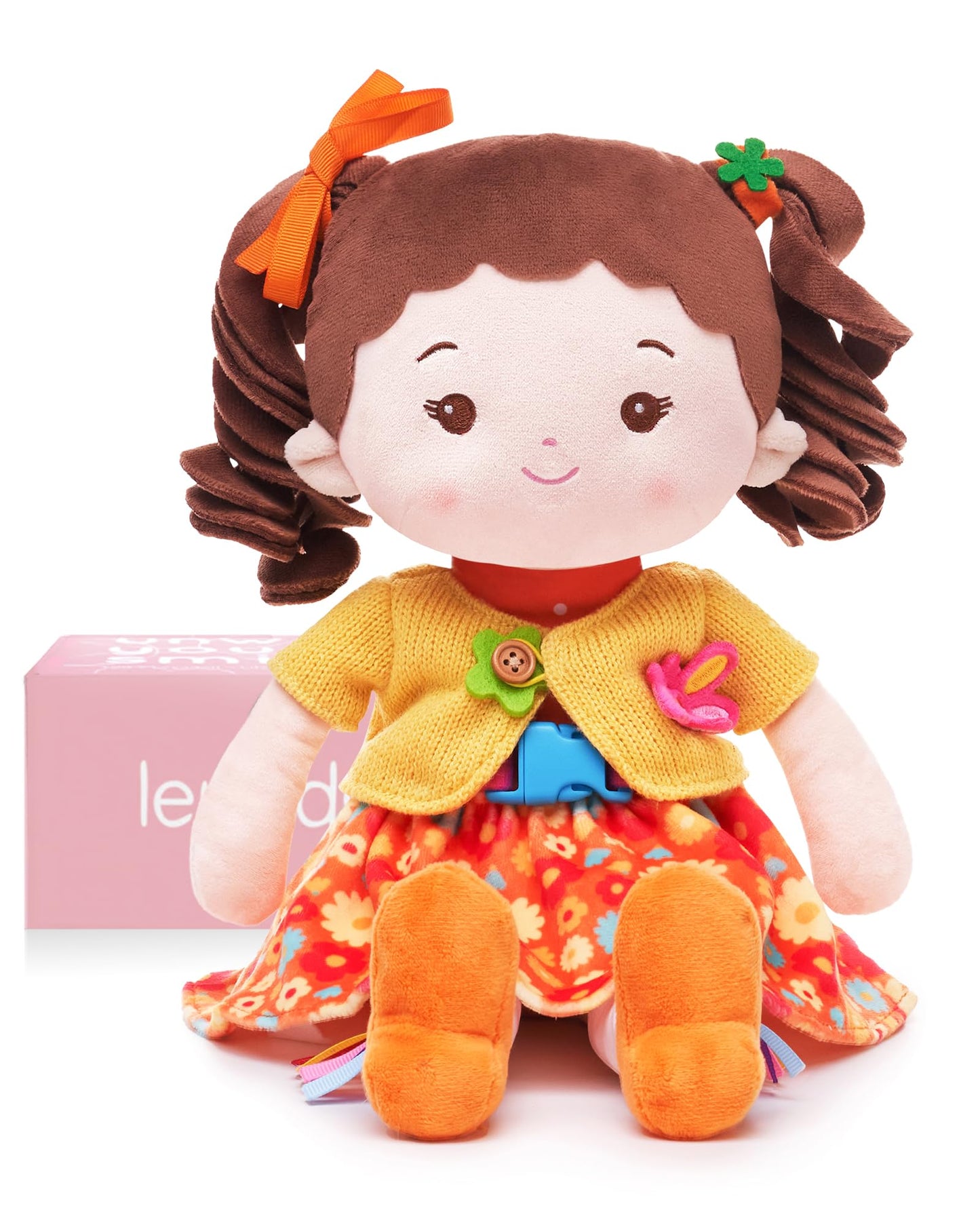 LeyaDoll Learning Sensory Doll for Toddlers — Montessori-Style Toy with Zipper, Shoelace, and Button Busy Flora
