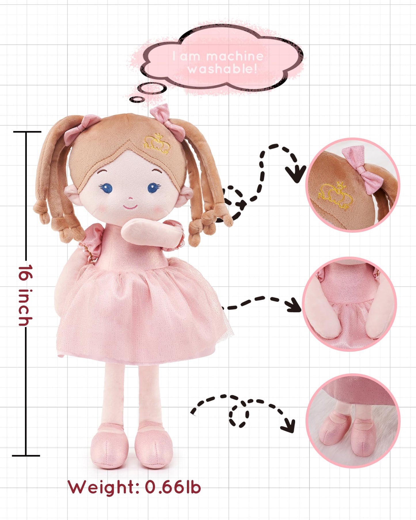 LeyaDoll Soft Baby Doll Toys (16-inch) | My First Rag Doll for Toddlers – Coral Princess
