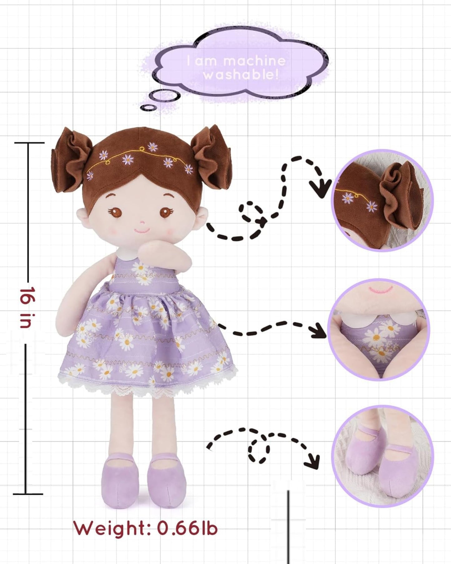 LeyaDoll Soft Baby Doll Toy 16-Inch – My First Rag Doll (Daisy Girl, Light Purple)