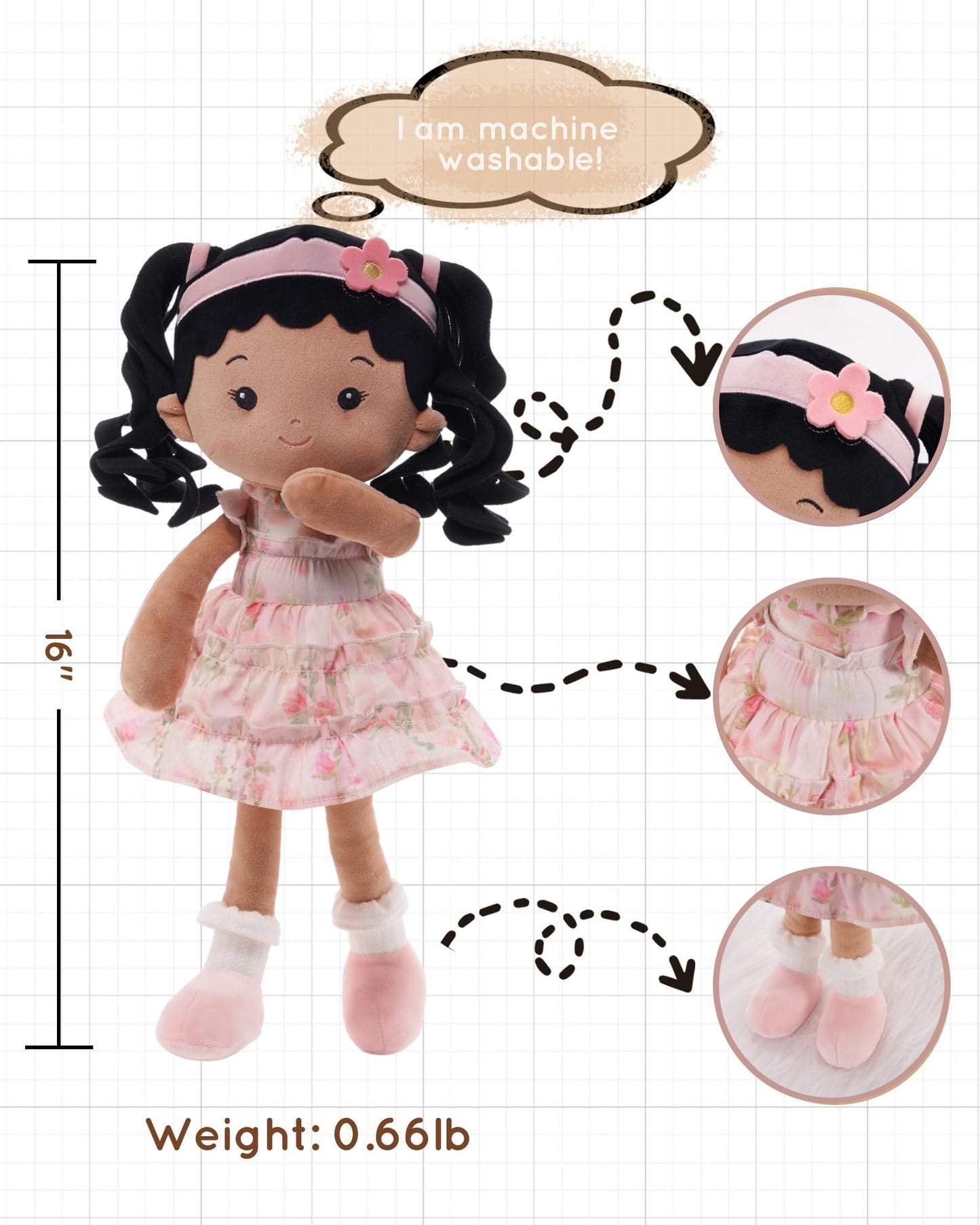 LeyaDoll Soft Baby Doll Toys (16'') – My First Rag Doll for 1 Year-Old Girls | Princess Petal