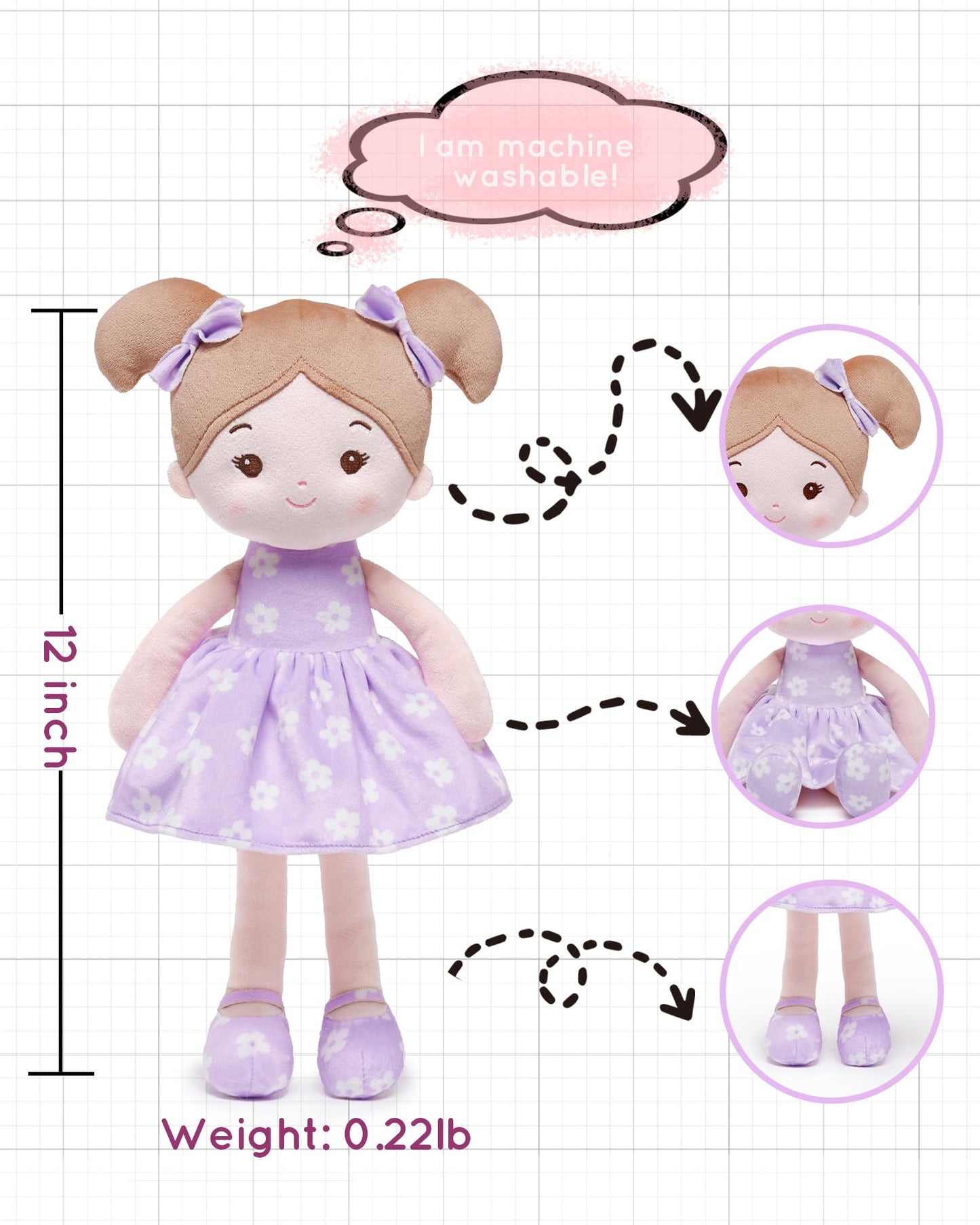 LeyaDoll Soft Baby Doll Toys (12 inches) FloraBelle Purple – Rag Doll for Toddlers & Infants