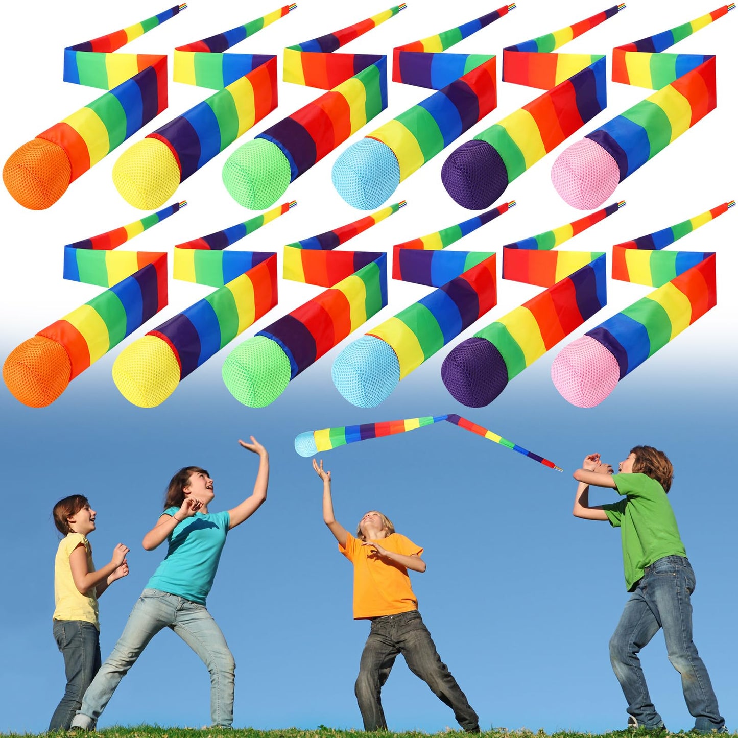 Leyndo 12-Piece 35-Inch Rainbow Tail Throw & Catch Balls | Soft Fabric Meteor Balls for Indoor & Outdoor Fun