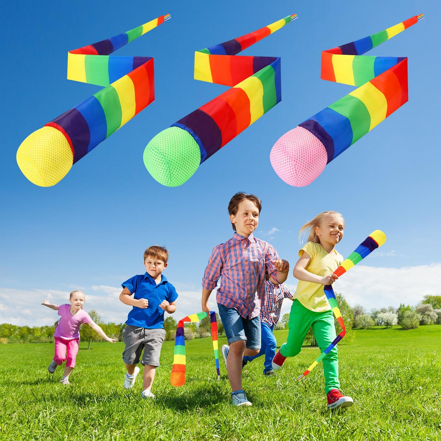 Leyndo 12-Piece 35-Inch Rainbow Tail Throw & Catch Balls | Soft Fabric Meteor Balls for Indoor & Outdoor Fun