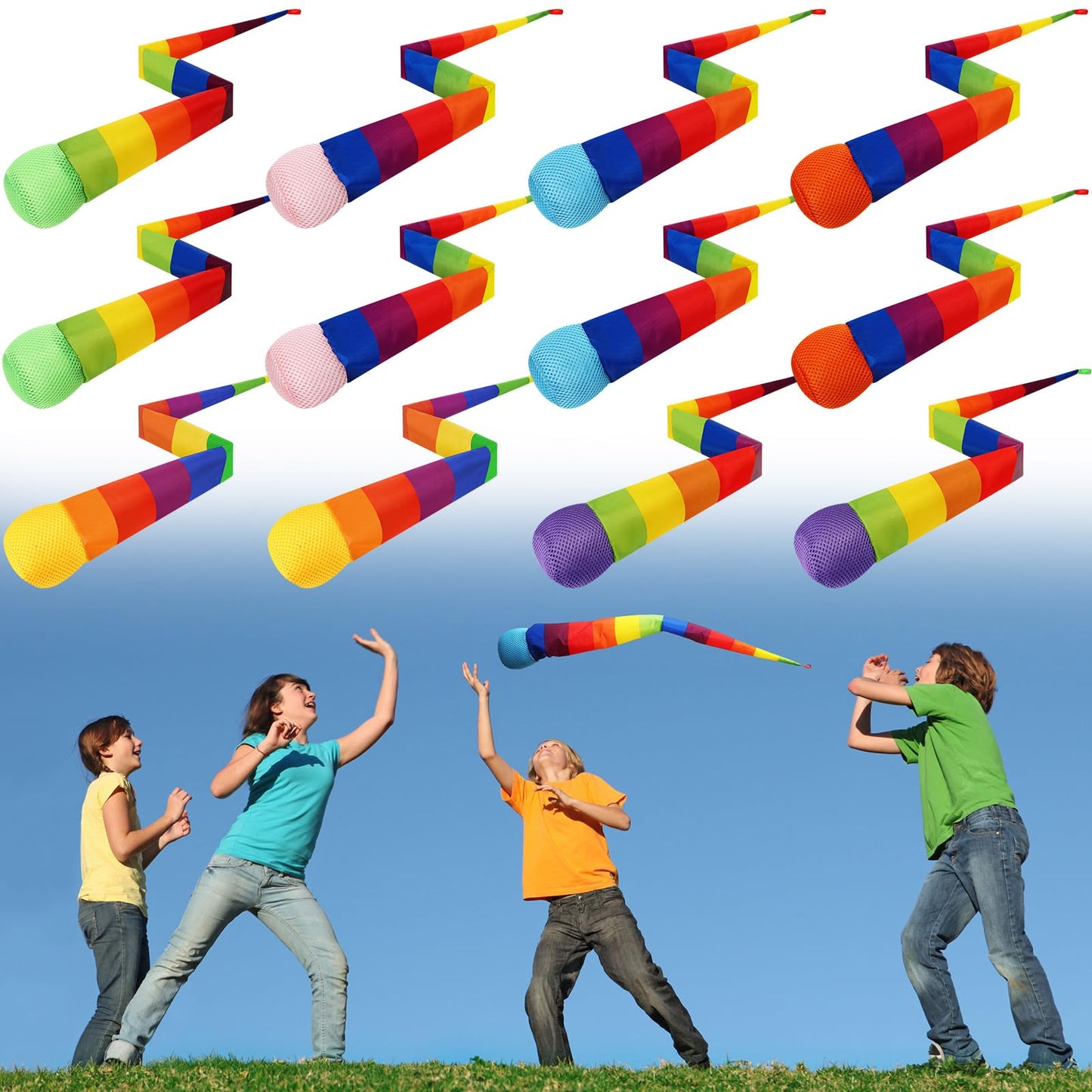 Leyndo 12-Piece 28-Inch Throw and Catch Balls with Rainbow Tail – Soft, Colorful Playground Toys