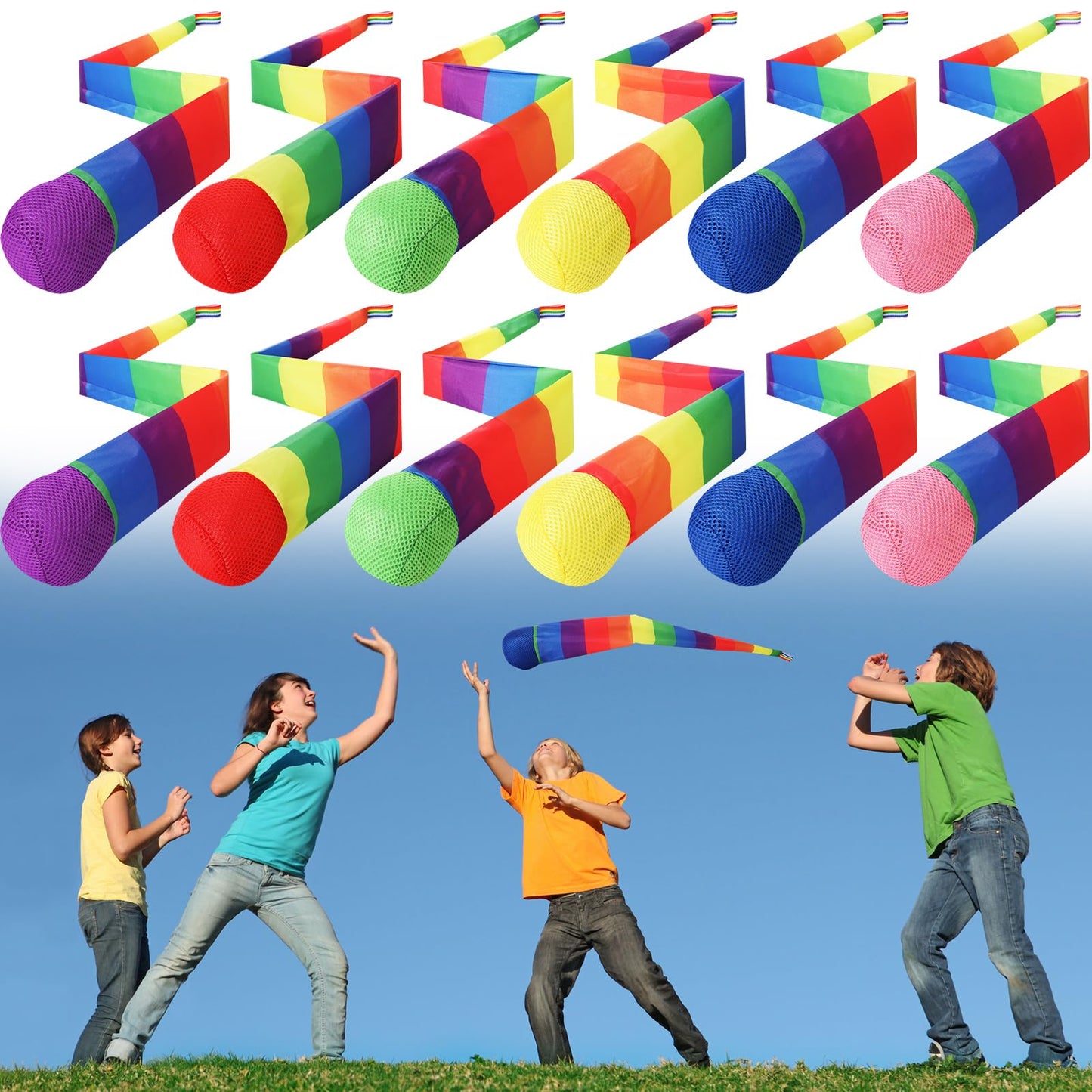 Leyndo 12 Pcs 26-Inch Throw & Catch Balls with Rainbow Tail – Soft Colorful Indoor/Outdoor Playset