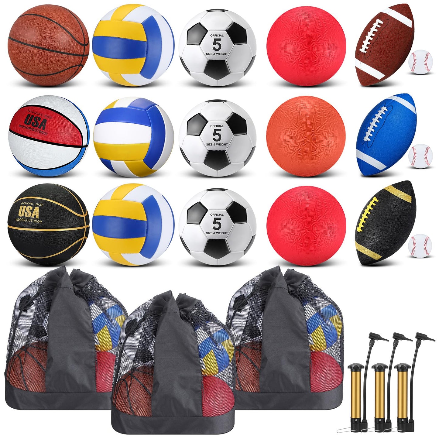 Leyndo 18 Pcs Sport Balls Bulk Set – Official Sizes with Pump & Mesh Bag