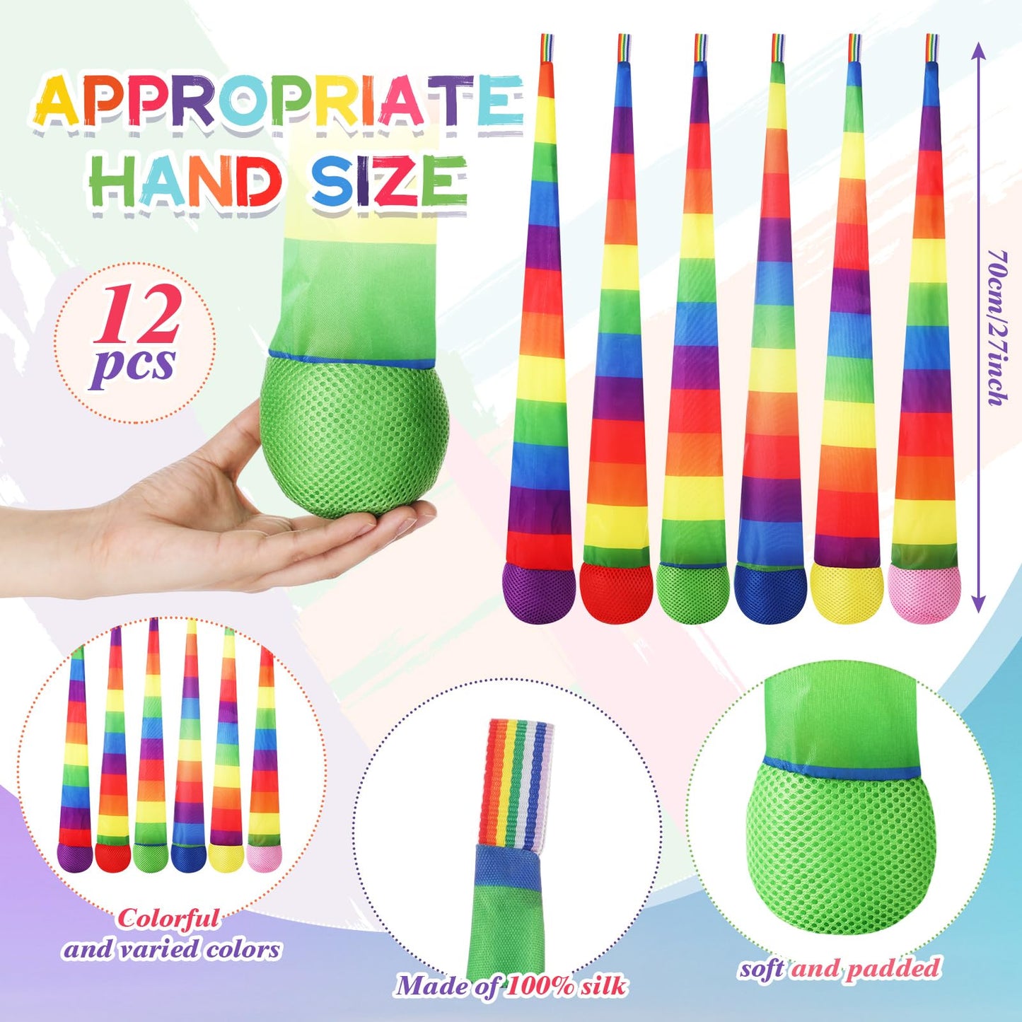 Leyndo 12 Pcs 26-Inch Throw & Catch Balls with Rainbow Tail – Soft Colorful Indoor/Outdoor Playset