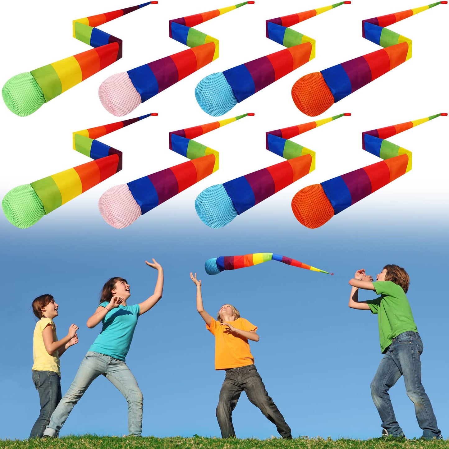 Leyndo 8-Piece 26-Inch Rainbow Tail Throw & Catch Balls – Colorful Comet Toys for School, Beach, and Outdoor Play