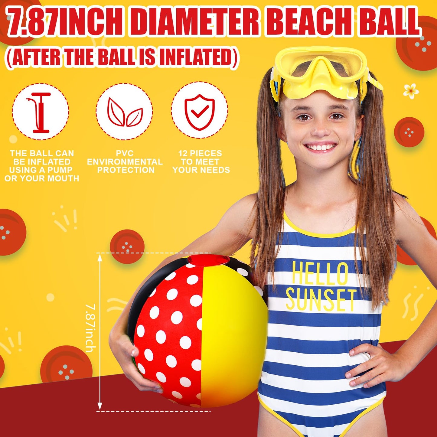 Leyndo 12 Pack Inflatable Beach Balls – Red Polka Dots, 7.87-inch Diameter