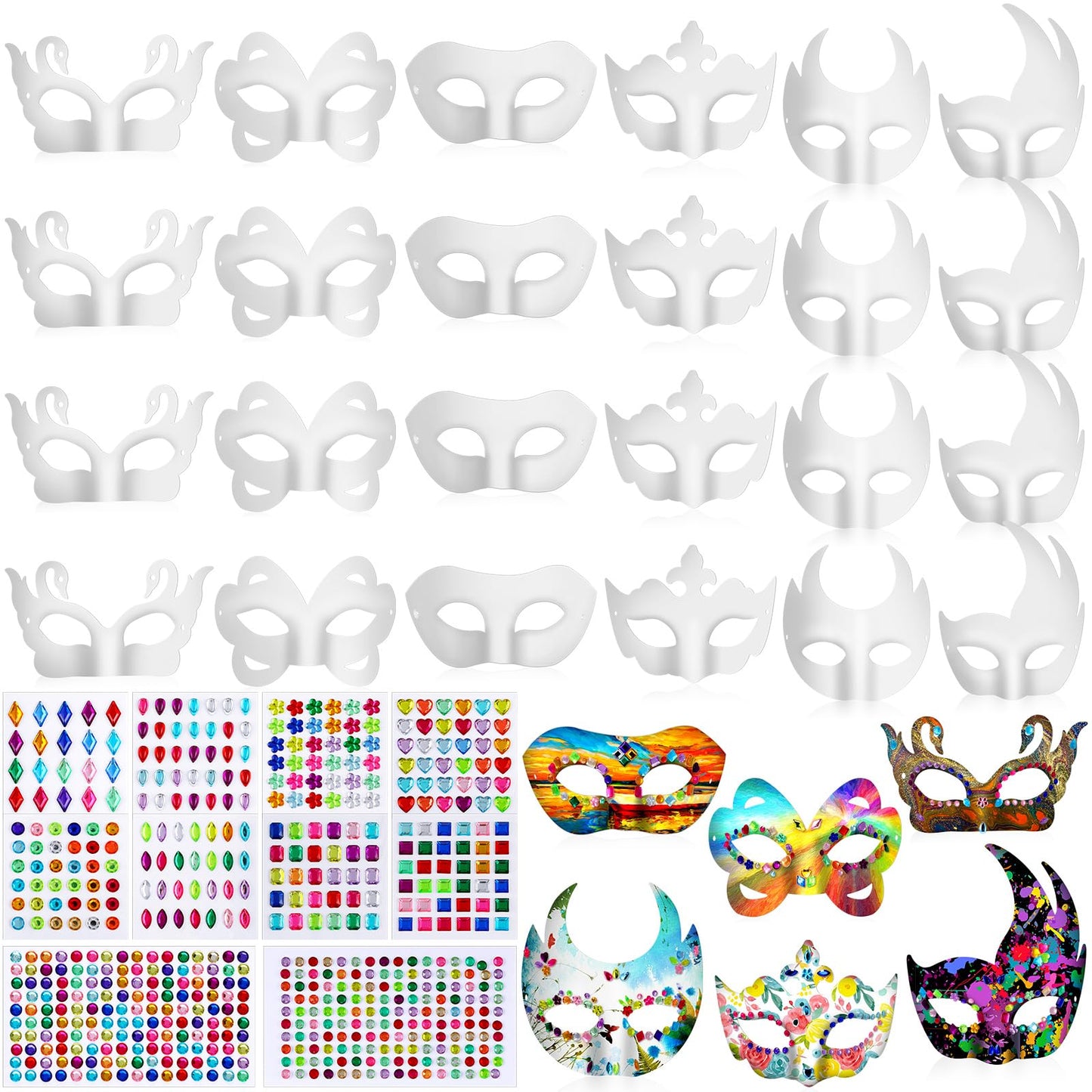 Leyndo 48 Pcs Paper Mache Masks with Gem Stickers: DIY White Masquerade Masks for Mardi Gras & Cosplay