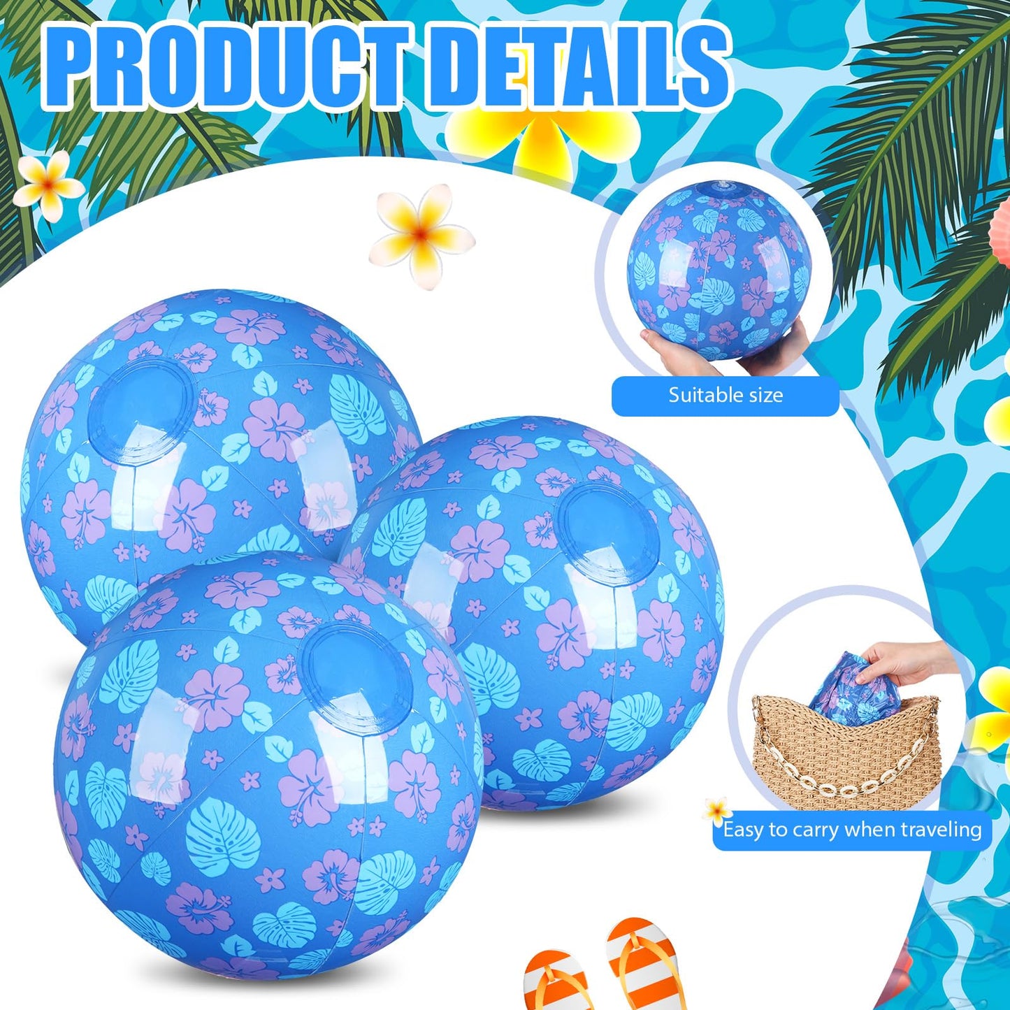Leyndo 12-Pack Leaves & Flowers Beach Balls – Blue, 7.87 in, Pool & Beach Party Bulk