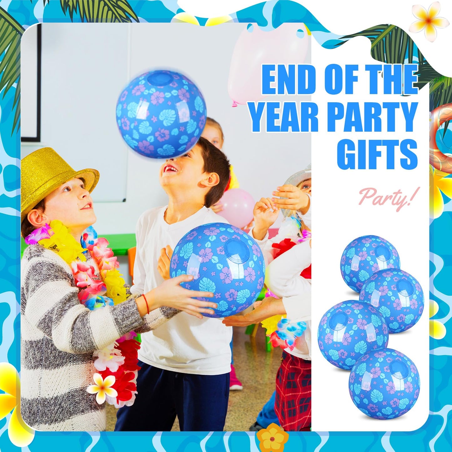 Leyndo 12-Pack Leaves & Flowers Beach Balls – Blue, 7.87 in, Pool & Beach Party Bulk