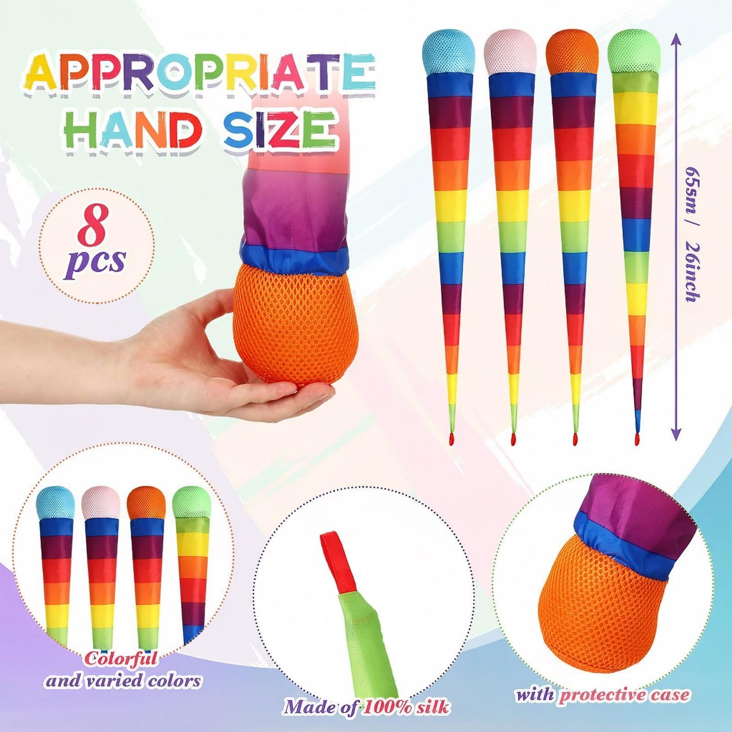 Leyndo 8-Piece 26-Inch Rainbow Tail Throw & Catch Balls – Colorful Comet Toys for School, Beach, and Outdoor Play
