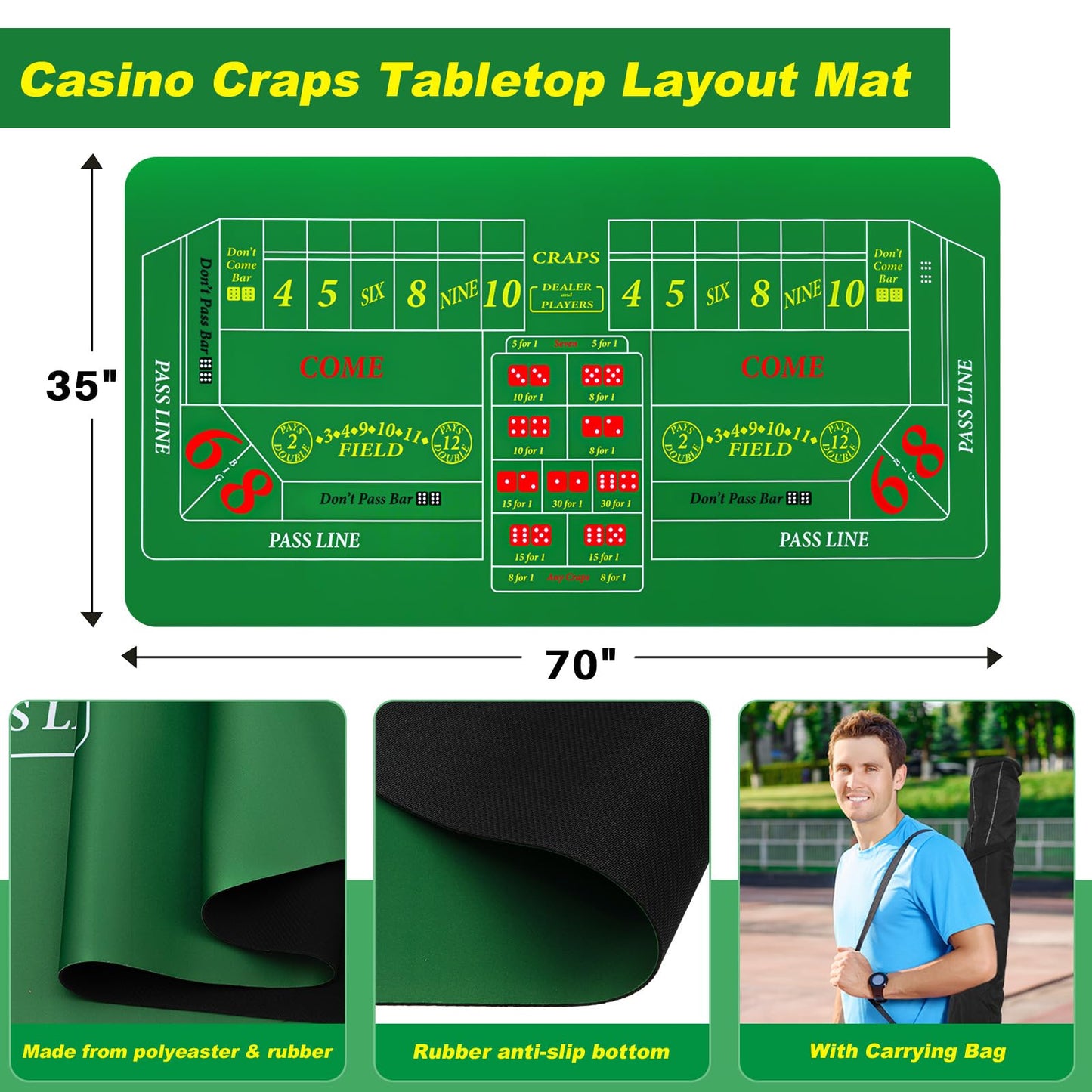 Leyndo Craps Tabletop Game Set – 36x72 Mat, 100 Chips, Dice, Puck & Case
