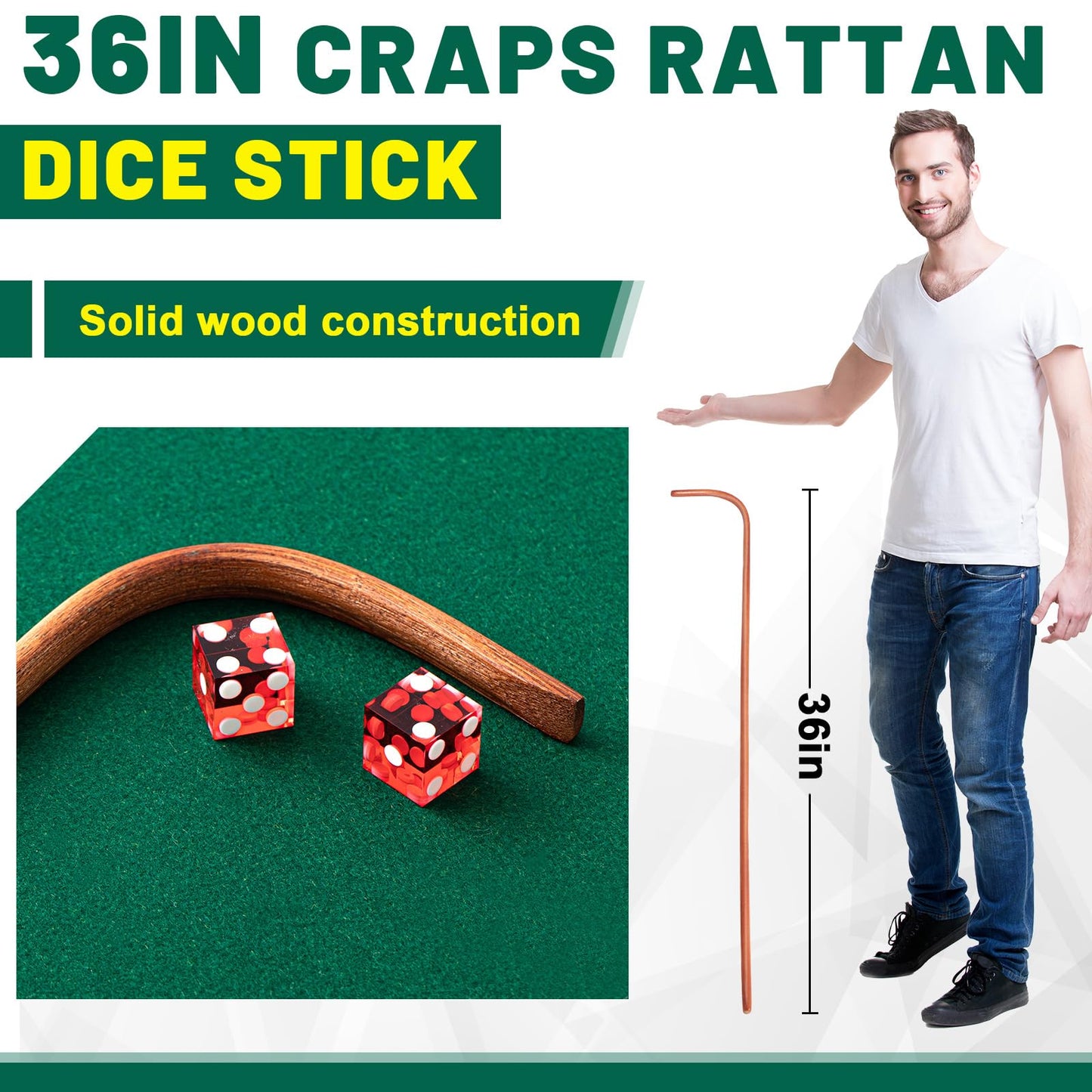 Leyndo Craps Stick Tabletop Game Set | 36\" Rattan Dice Stick, 19mm Dice, Boat Tray, On/Off Button