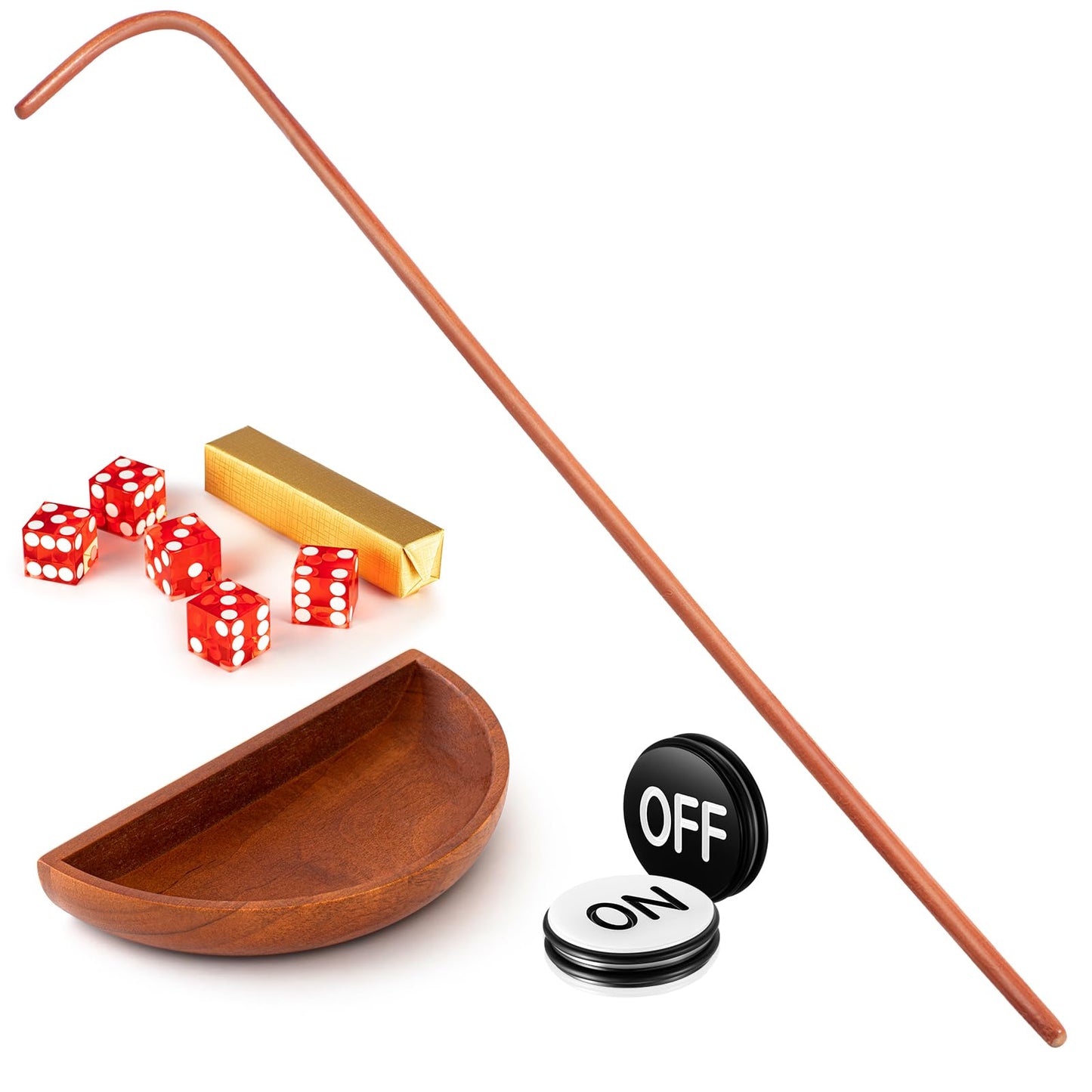 Leyndo Craps Stick Tabletop Game Set | 36\" Rattan Dice Stick, 19mm Dice, Boat Tray, On/Off Button