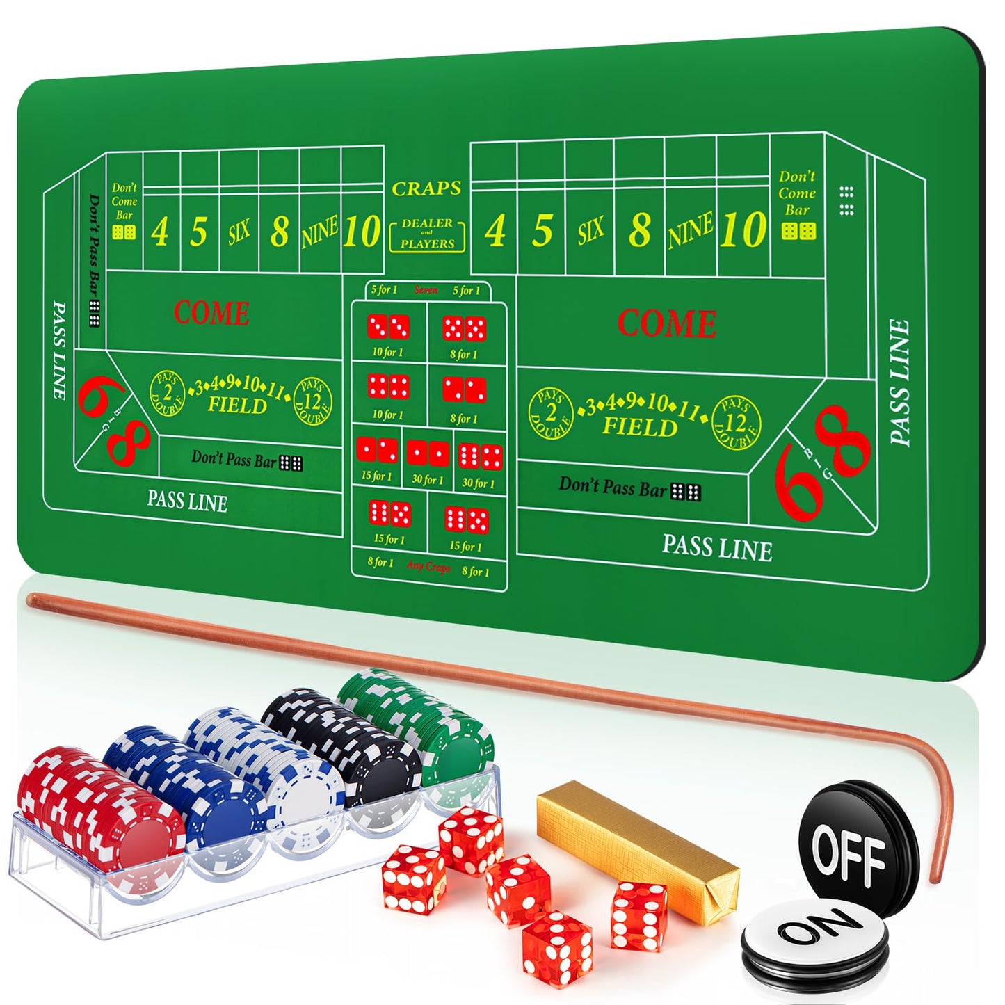 Leyndo Craps Tabletop Game Set – 36x72 Mat, 100 Chips, Dice, Puck & Case