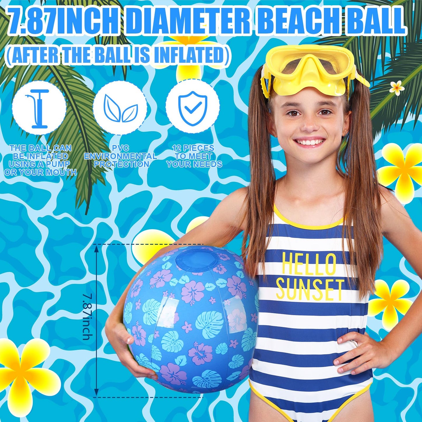 Leyndo 12-Pack Leaves & Flowers Beach Balls – Blue, 7.87 in, Pool & Beach Party Bulk