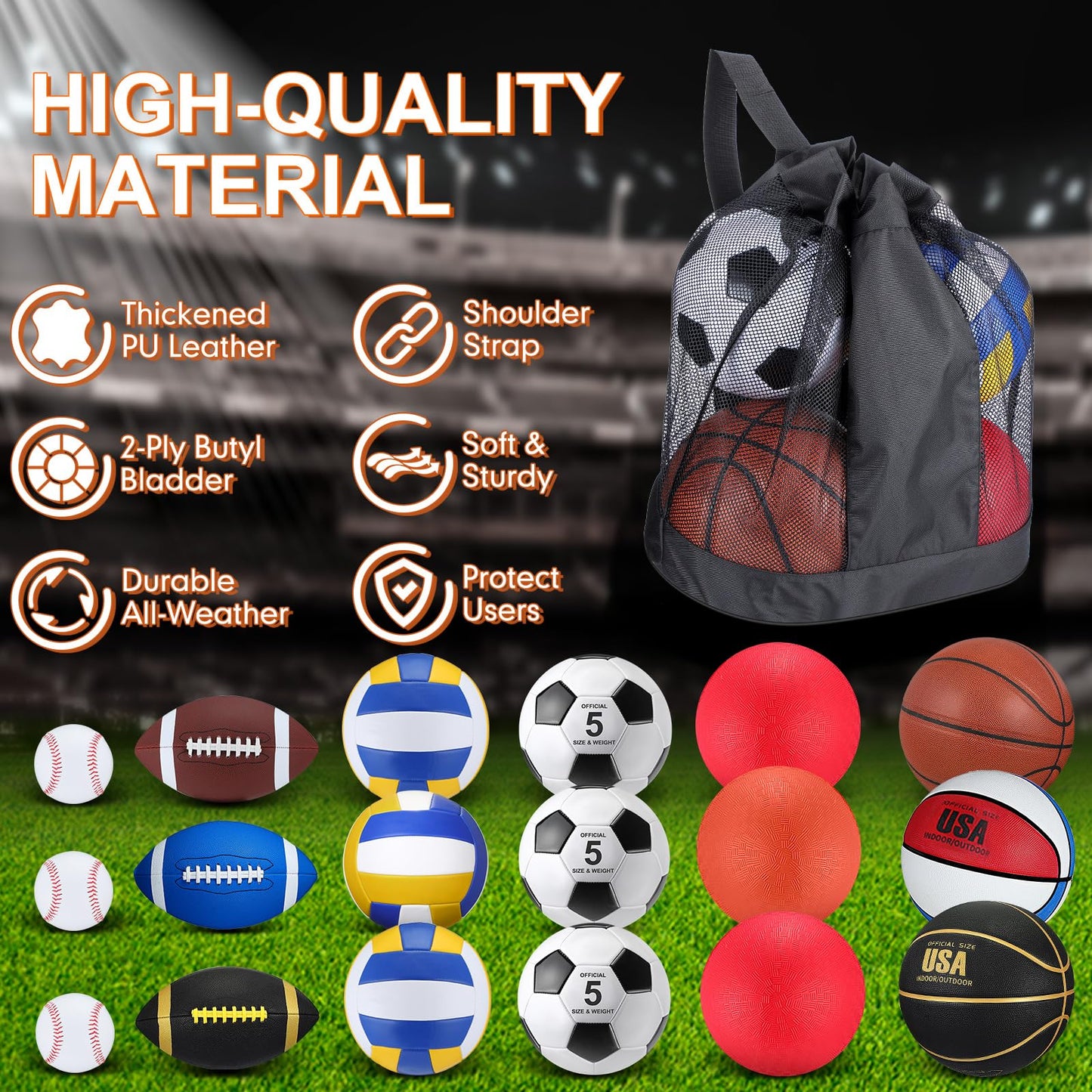 Leyndo 18 Pcs Sport Balls Bulk Set – Official Sizes with Pump & Mesh Bag