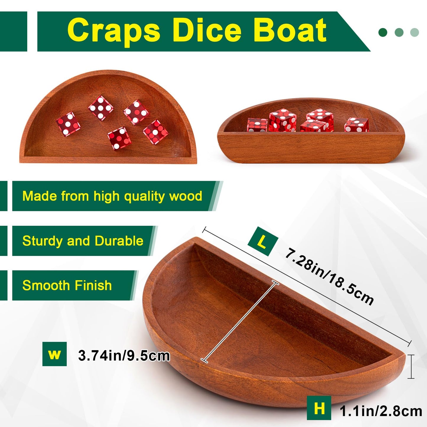Leyndo Craps Stick Tabletop Game Set | 36\" Rattan Dice Stick, 19mm Dice, Boat Tray, On/Off Button