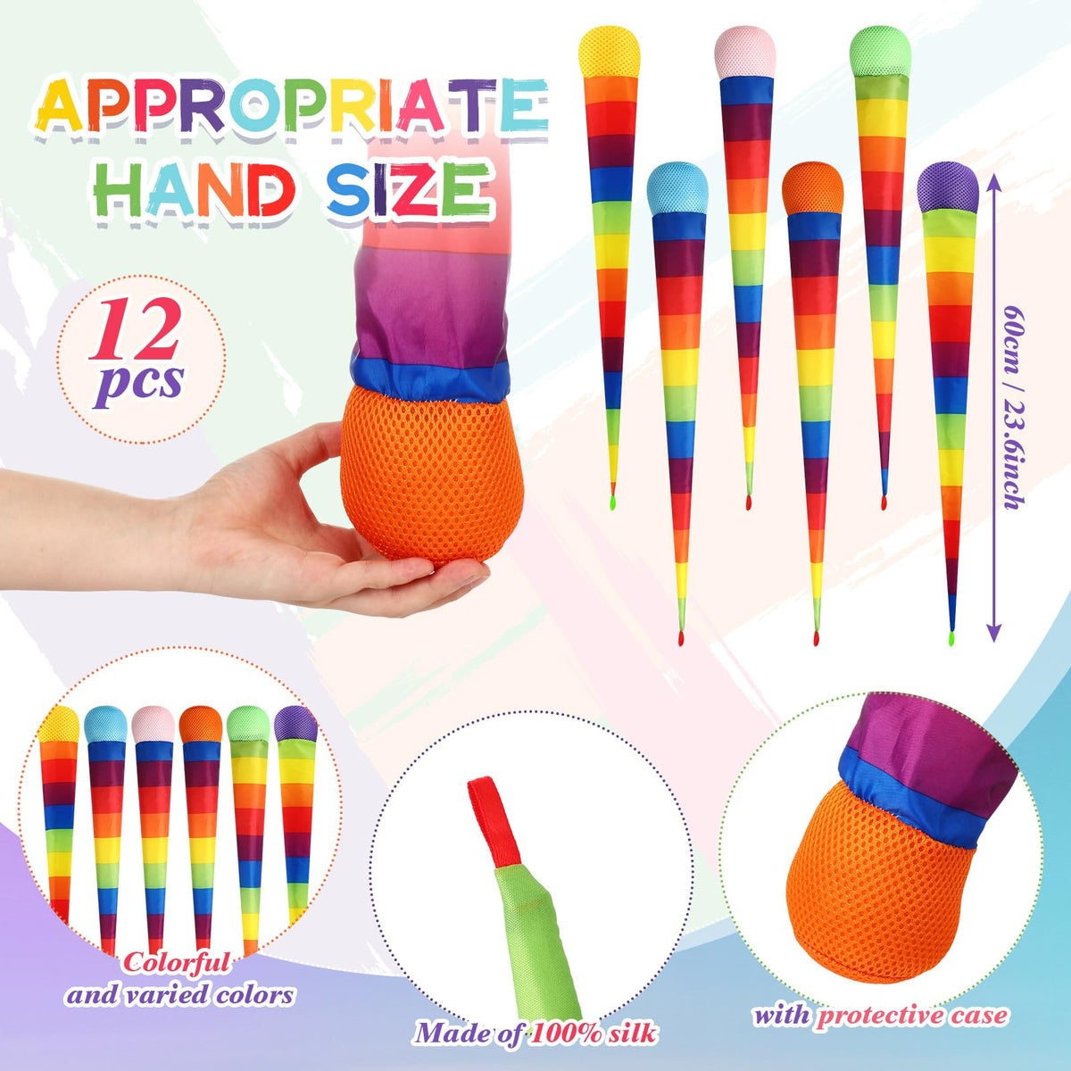 Leyndo 12-Piece 28-Inch Throw and Catch Balls with Rainbow Tail – Soft, Colorful Playground Toys