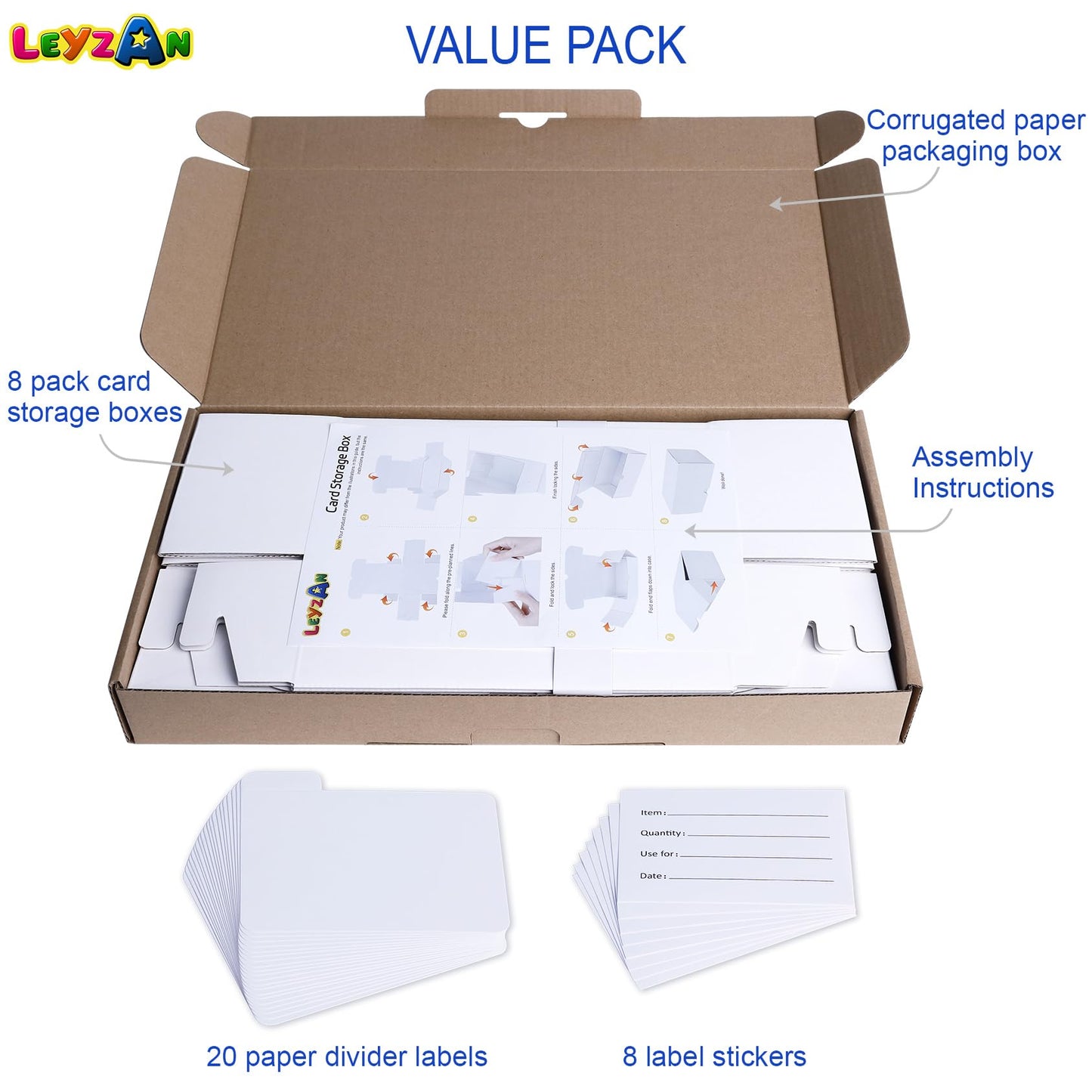 Leyzan 8-Pack Trading Card Storage Box – 1000-Count Capacity, Dividers & Labels, 14.4-Inch Horizontal