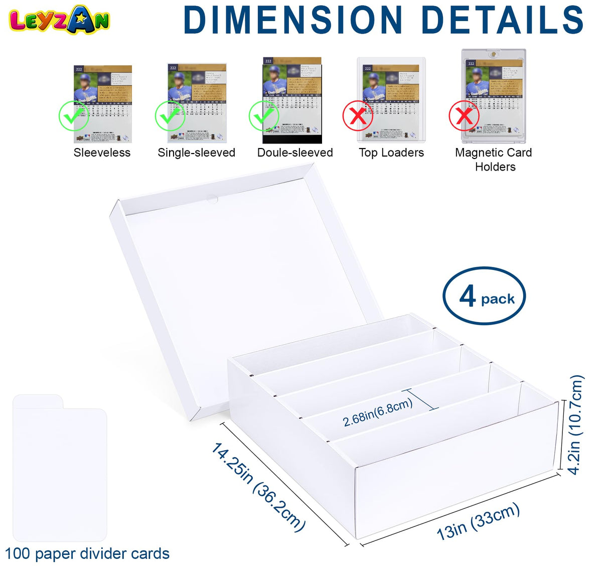Leyzan 5-Row Trading Card Storage Box – 4 Pack with Dividers for MTG, TCG, Sports Cards