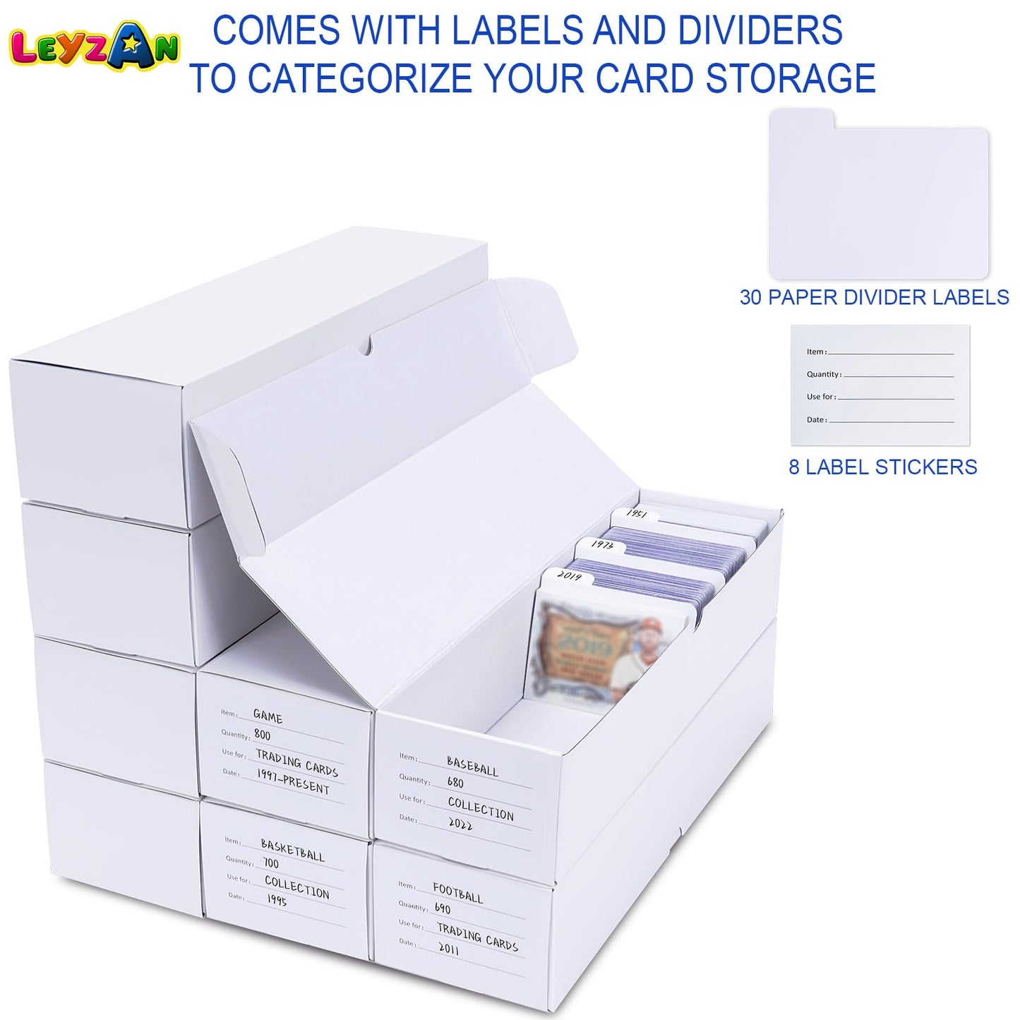 Leyzan 8-Pack Trading Card Storage Box – 1000-Count Capacity, Dividers & Labels, 14.4-Inch Horizontal