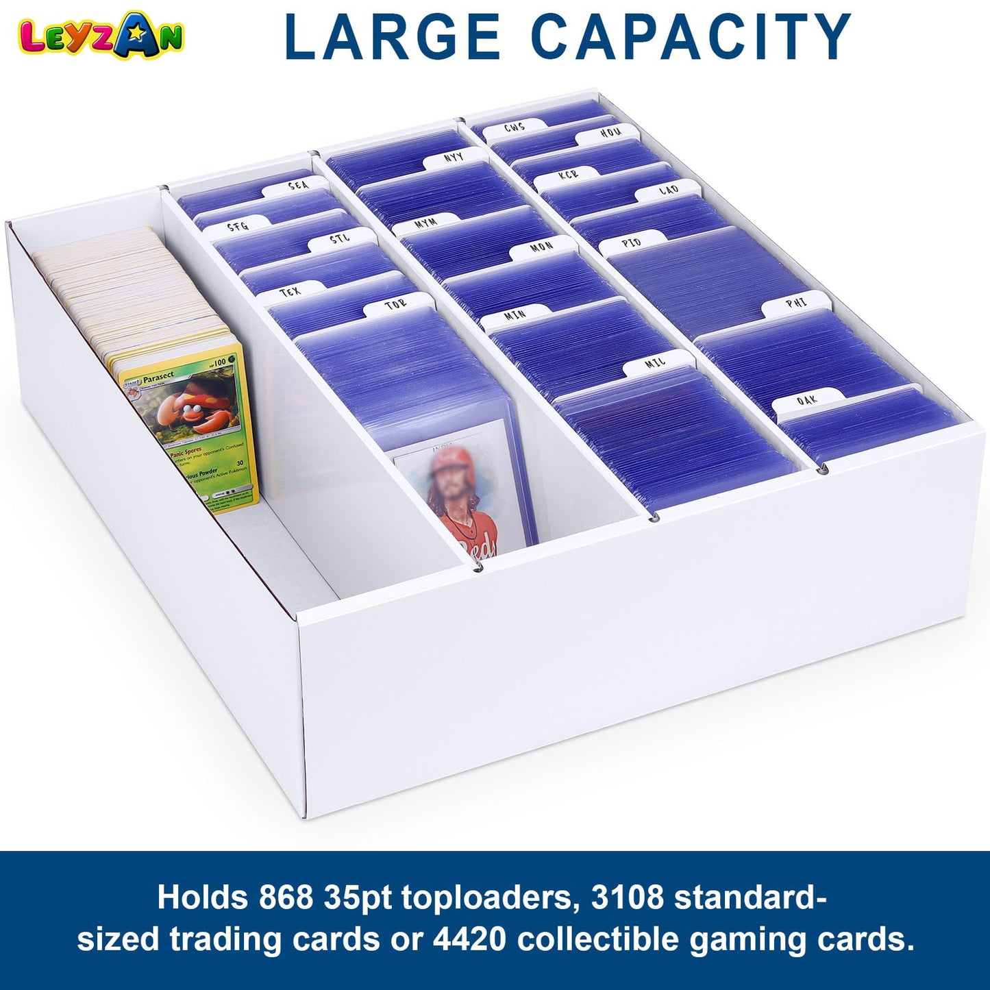 Leyzan Trading Card Storage Box – 3200 Card Capacity with Divider for Sports, TCG, MTG (1 Pack)
