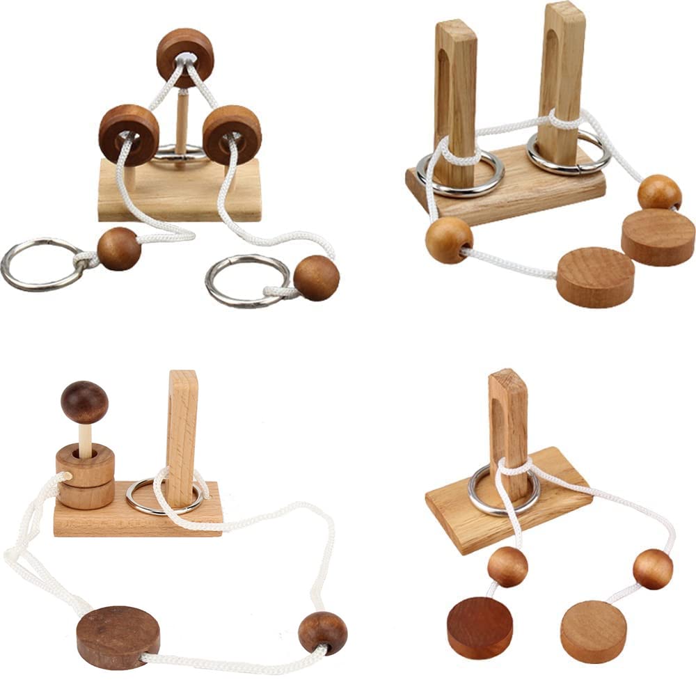 LFLQ Brain Teaser Puzzle – Wooden Luban Lock Threading Rope (4 Pack)