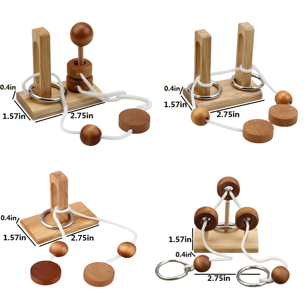 LFLQ Brain Teaser Puzzle – Wooden Luban Lock Threading Rope (4 Pack)