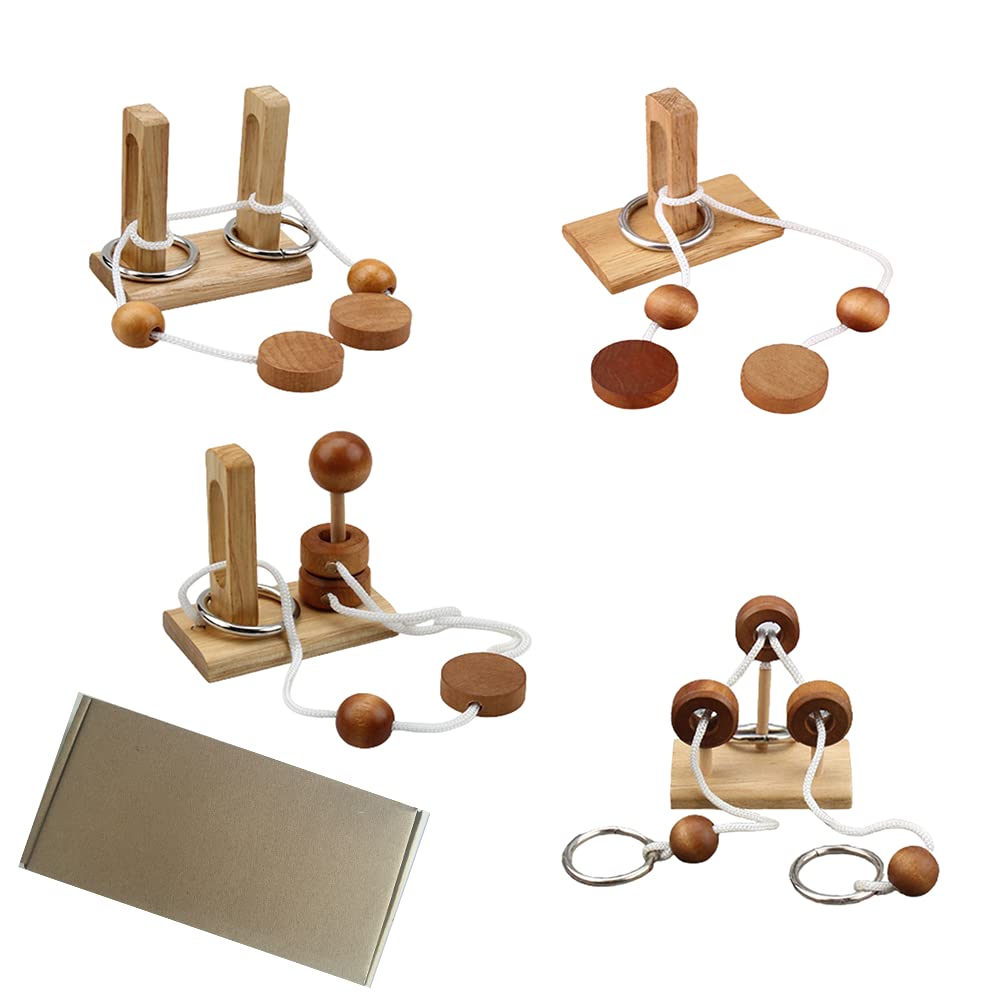 LFLQ Brain Teaser Puzzle – Wooden Luban Lock Threading Rope (4 Pack)