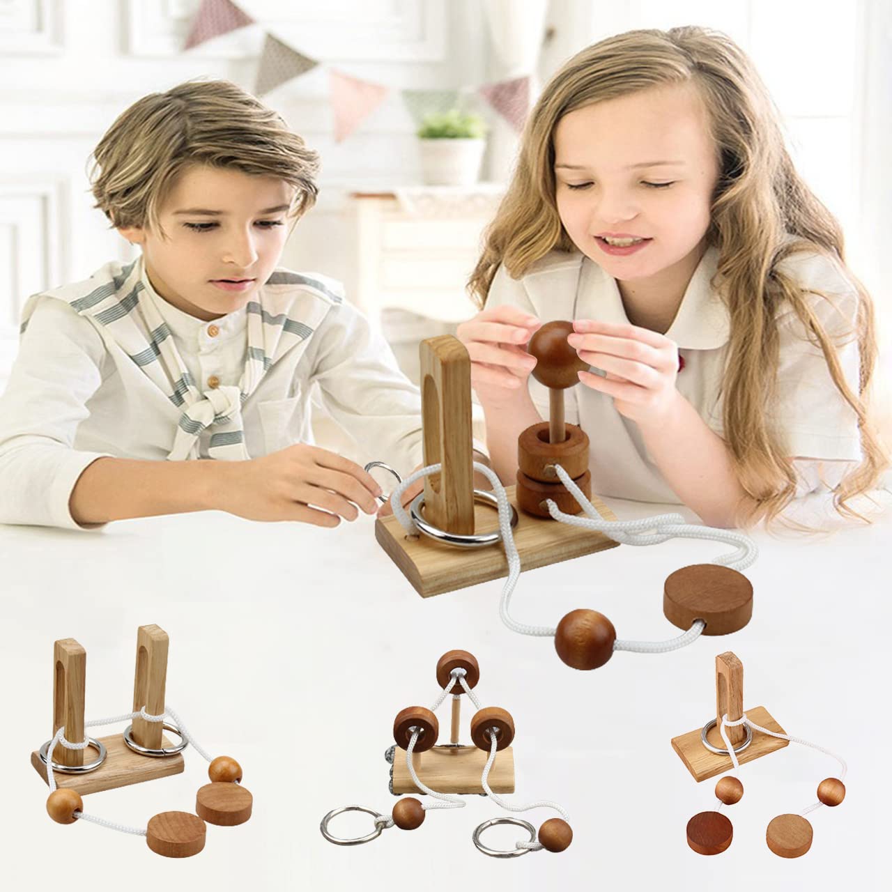 LFLQ Brain Teaser Puzzle – Wooden Luban Lock Threading Rope (4 Pack)