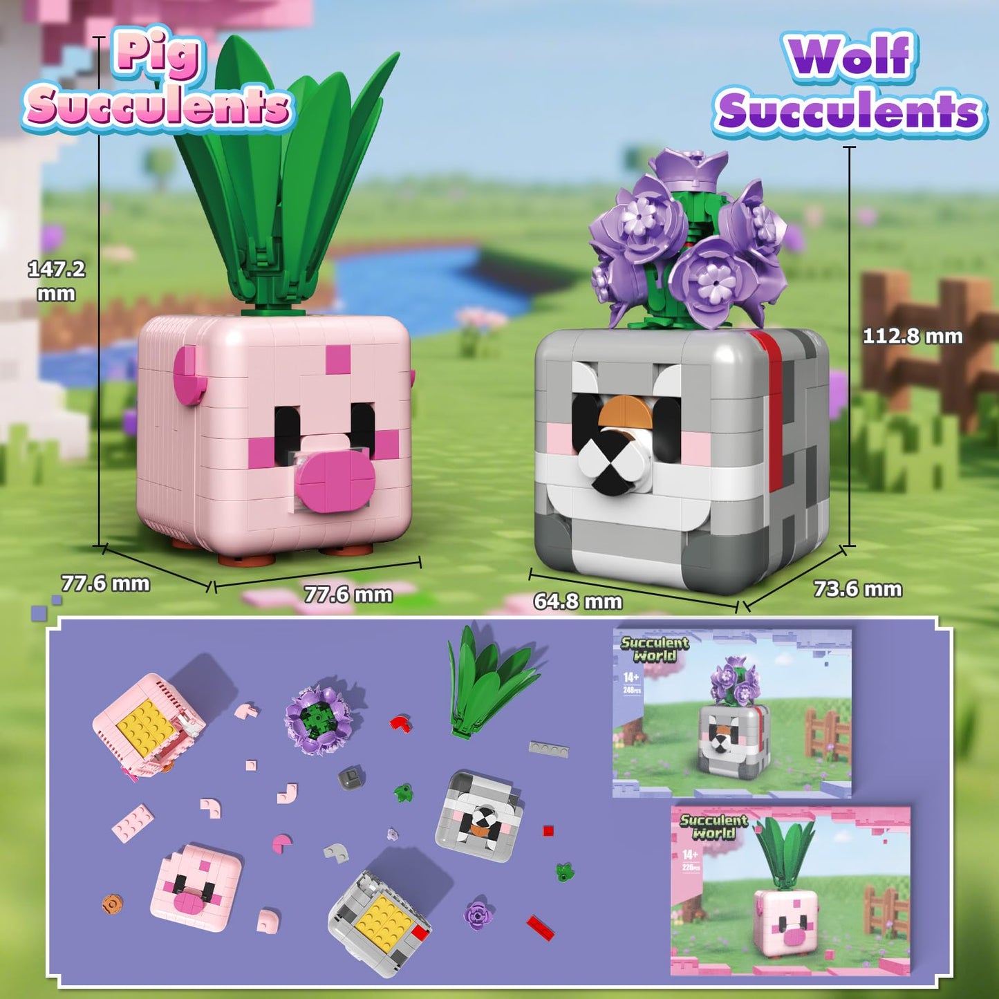 LGMCFTOY Botanicals: Flower & Animal Building Blocks (Pink Pig + Gray Wolf)
