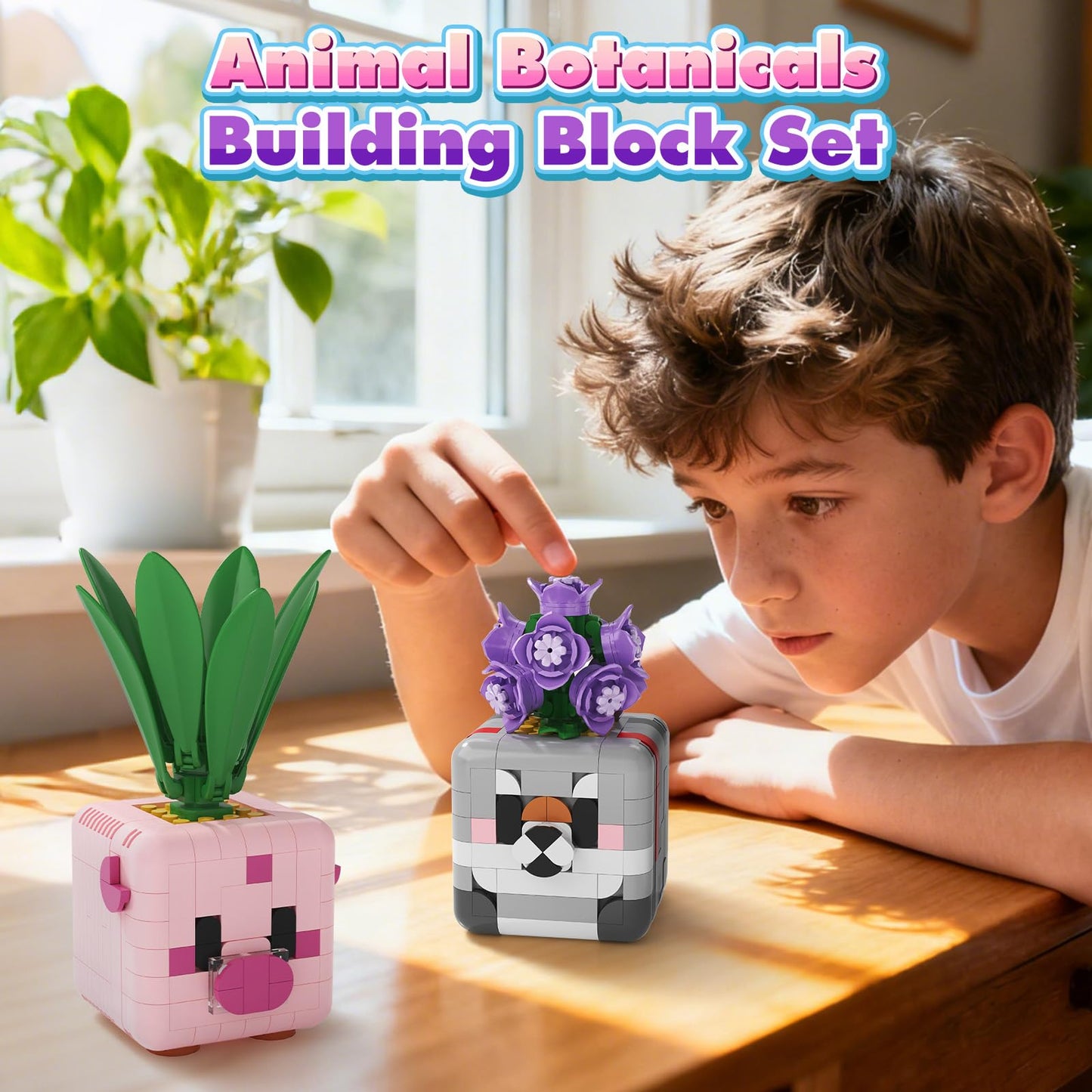 LGMCFTOY Botanicals: Flower & Animal Building Blocks (Pink Pig + Gray Wolf)