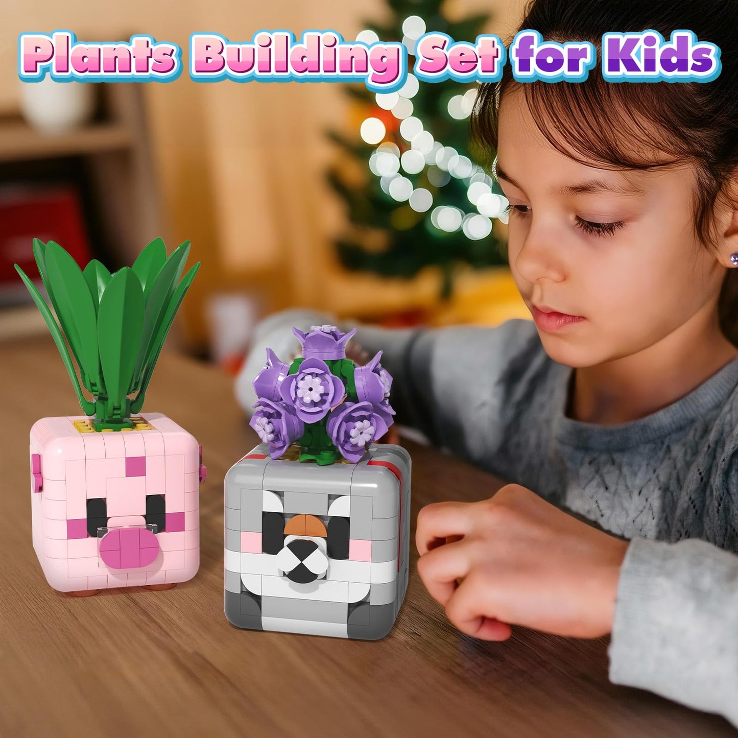 LGMCFTOY Botanicals: Flower & Animal Building Blocks (Pink Pig + Gray Wolf)