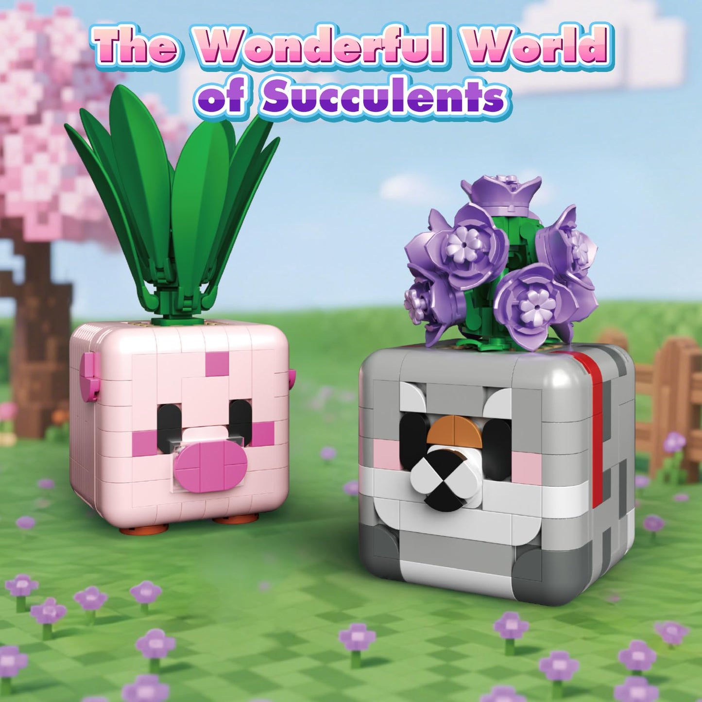 LGMCFTOY Botanicals: Flower & Animal Building Blocks (Pink Pig + Gray Wolf)