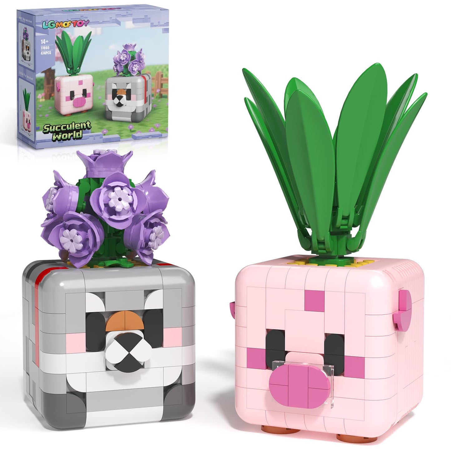 LGMCFTOY Botanicals: Flower & Animal Building Blocks (Pink Pig + Gray Wolf)